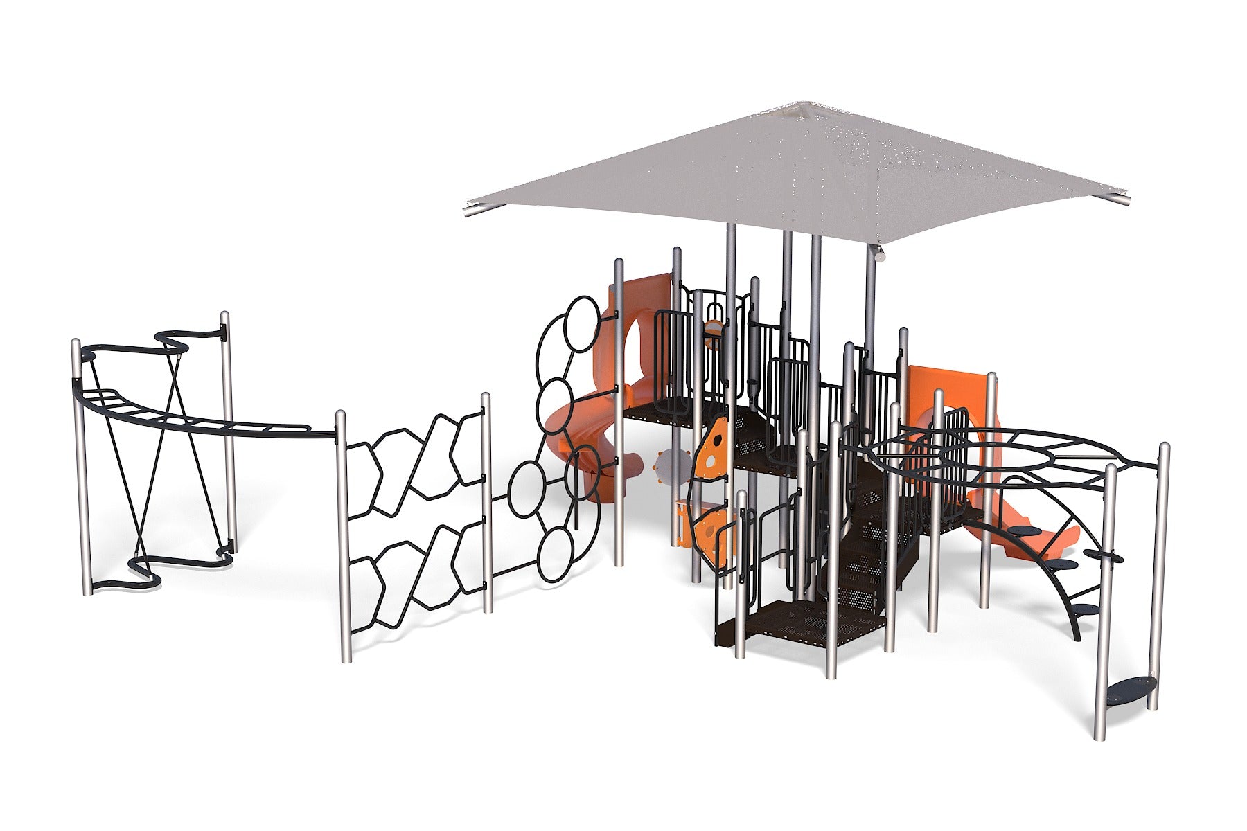 Outdoor playground structure with orange and black slides, climbing walls, rope ladders, and shade canopy.