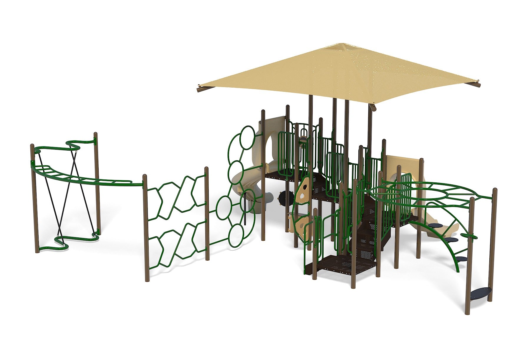 Outdoor playground with green climbing frames, slides, platforms, beige shade canopy, and interactive steering wheel panel