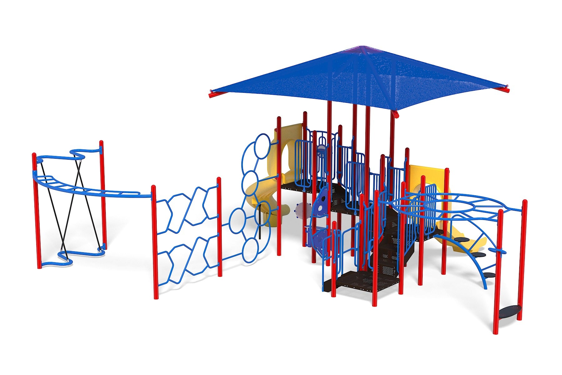 Colorful tropical-themed playground with blue climbing frames, red poles, yellow slides, and a large blue shade canopy