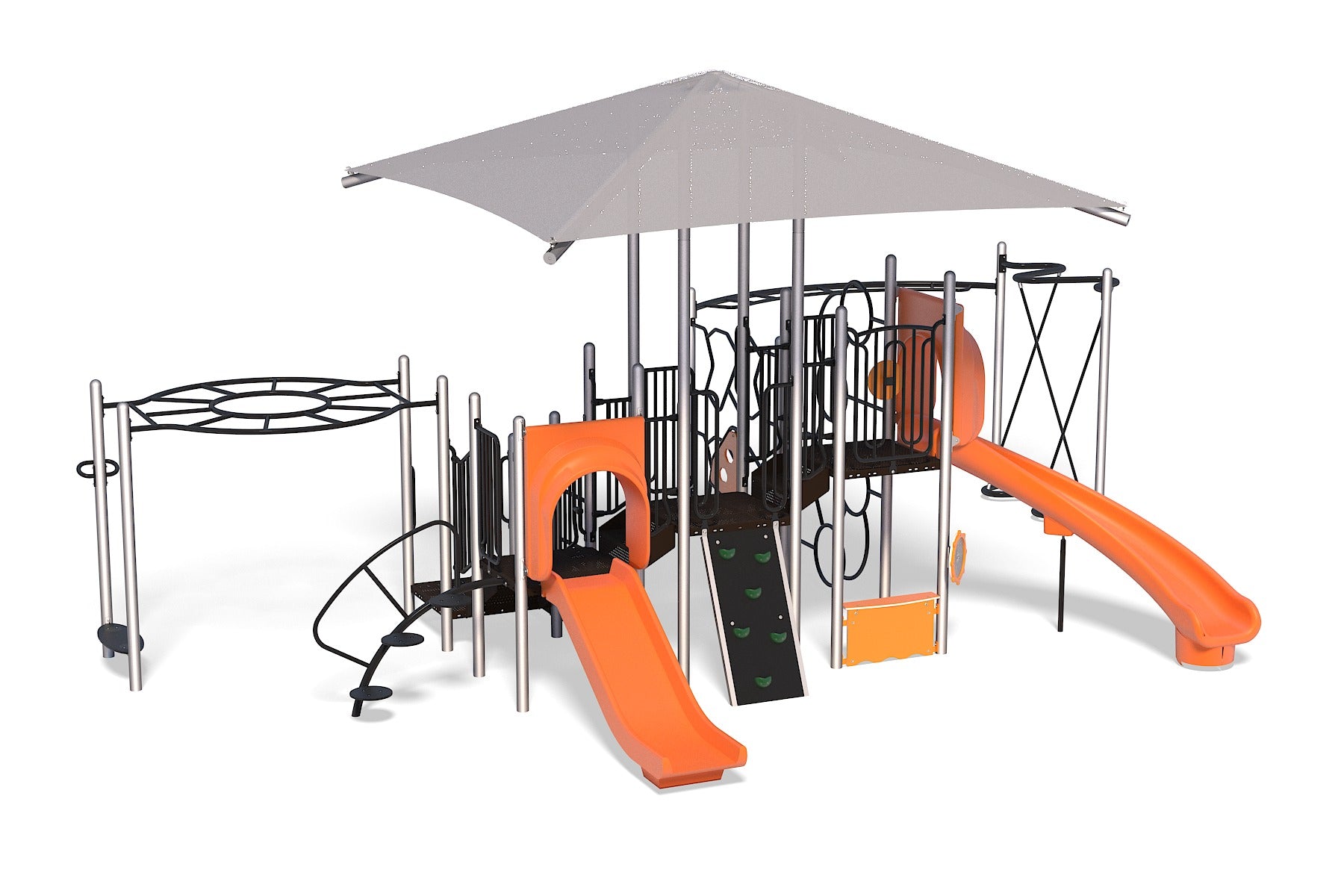 Modern playground structure with orange slides, climbing walls, overhead ladders, rope balance bars, and a shade canopy
