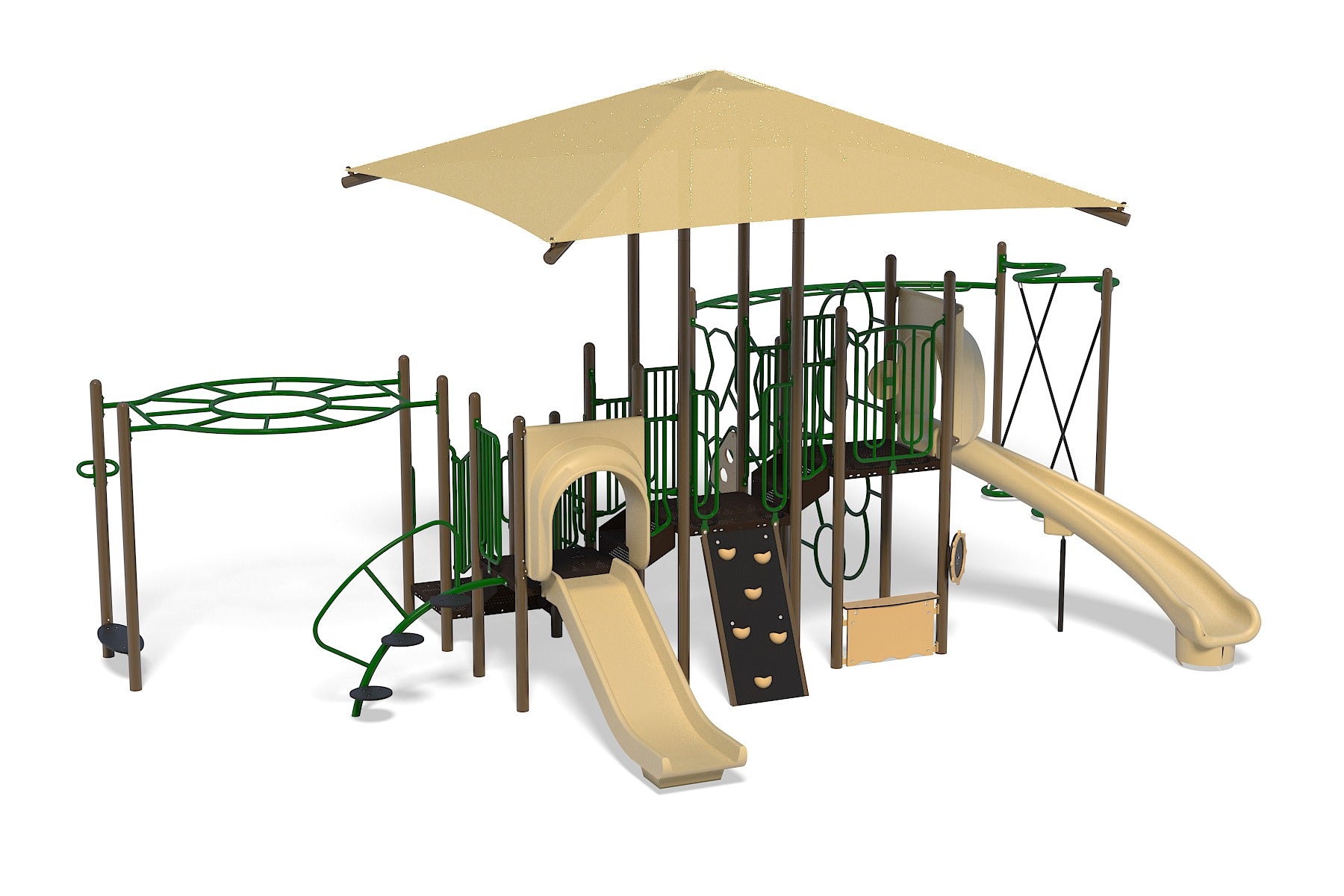 Beige and green playground structure with two slides, climbing wall, overhead ladders, rope balance bar, and large shade canopy