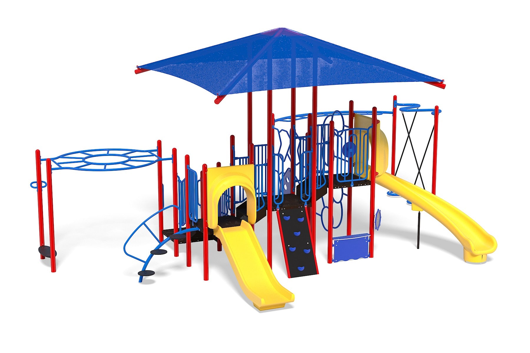Tropical Island Playground with yellow slides, blue climbing structures, red poles, blue shade canopy, and interactive steering wheel panel