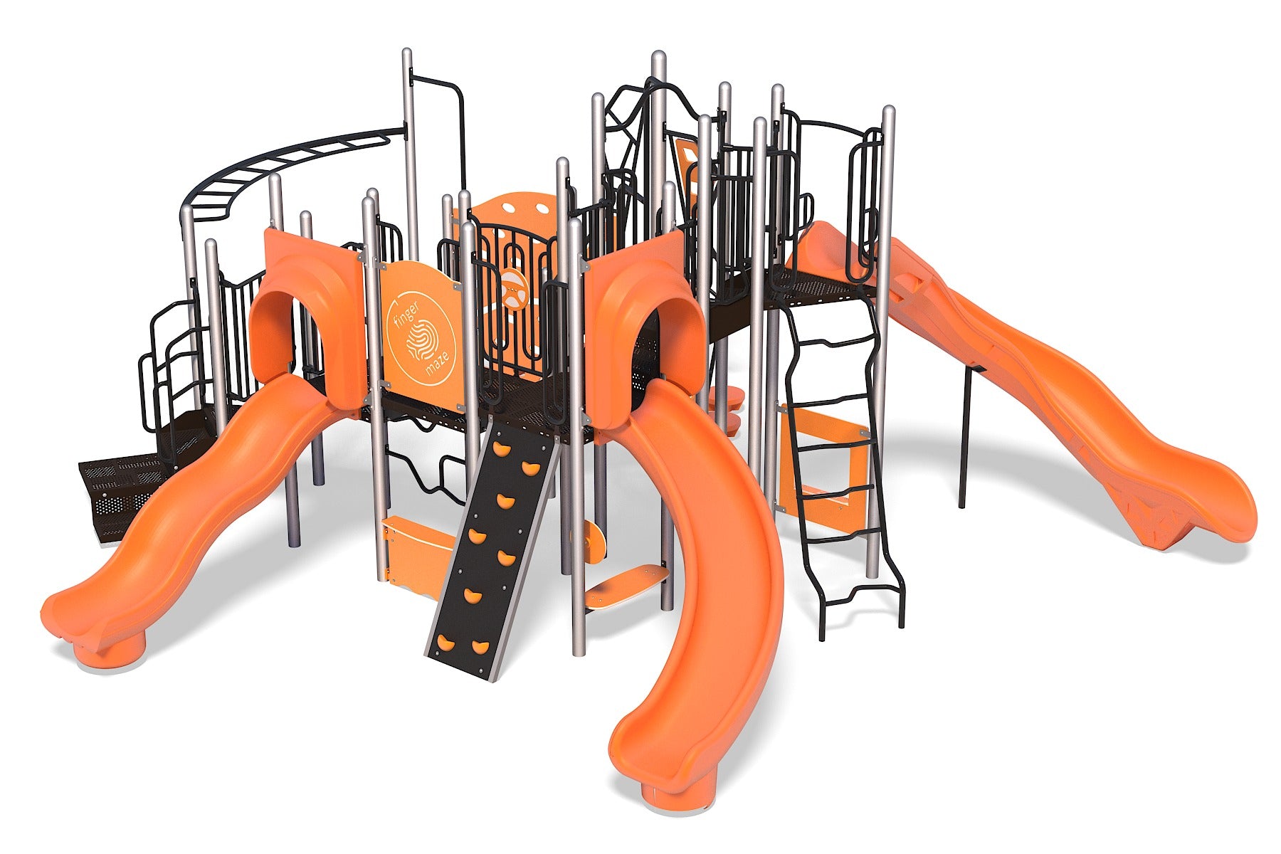 Orange commercial playground structure with curved and wave slides, rock wall, climbers, overhead ladder, and activity panels