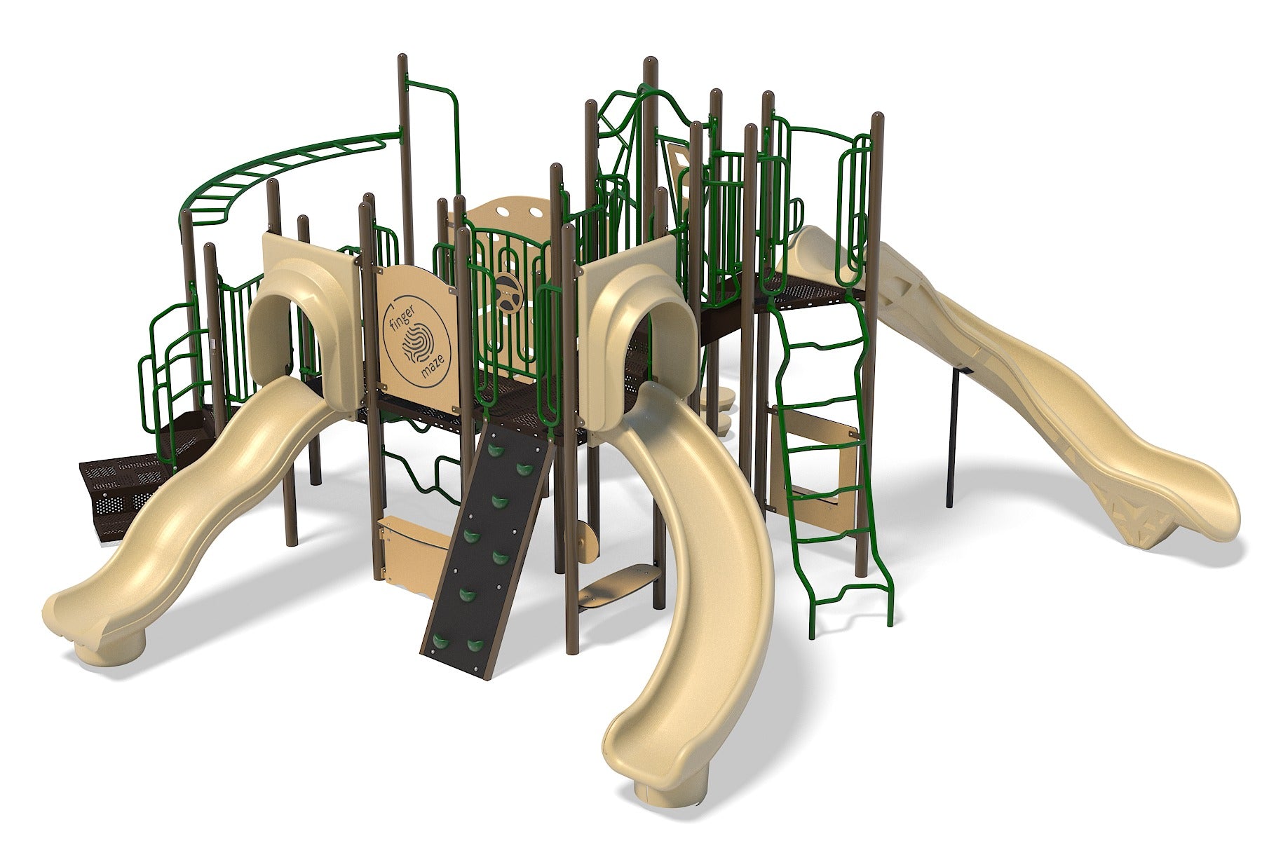 Commercial playground structure with tan slides, green rail climbers, rock wall, overhead ladder, and finger maze panel