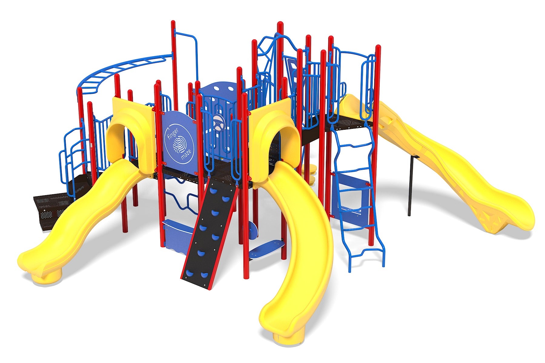 Active Adventurer's Playground with yellow slides, blue climbing structures, red support poles, and multiple play elements in a large outdoor play system