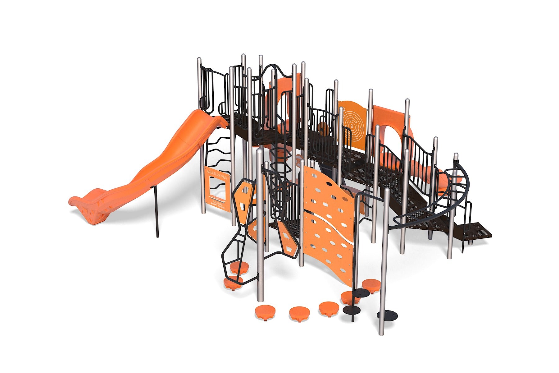 Multi-level kids playground with orange slides, climbing walls, stepping stones, curved bridge, and black metal railings