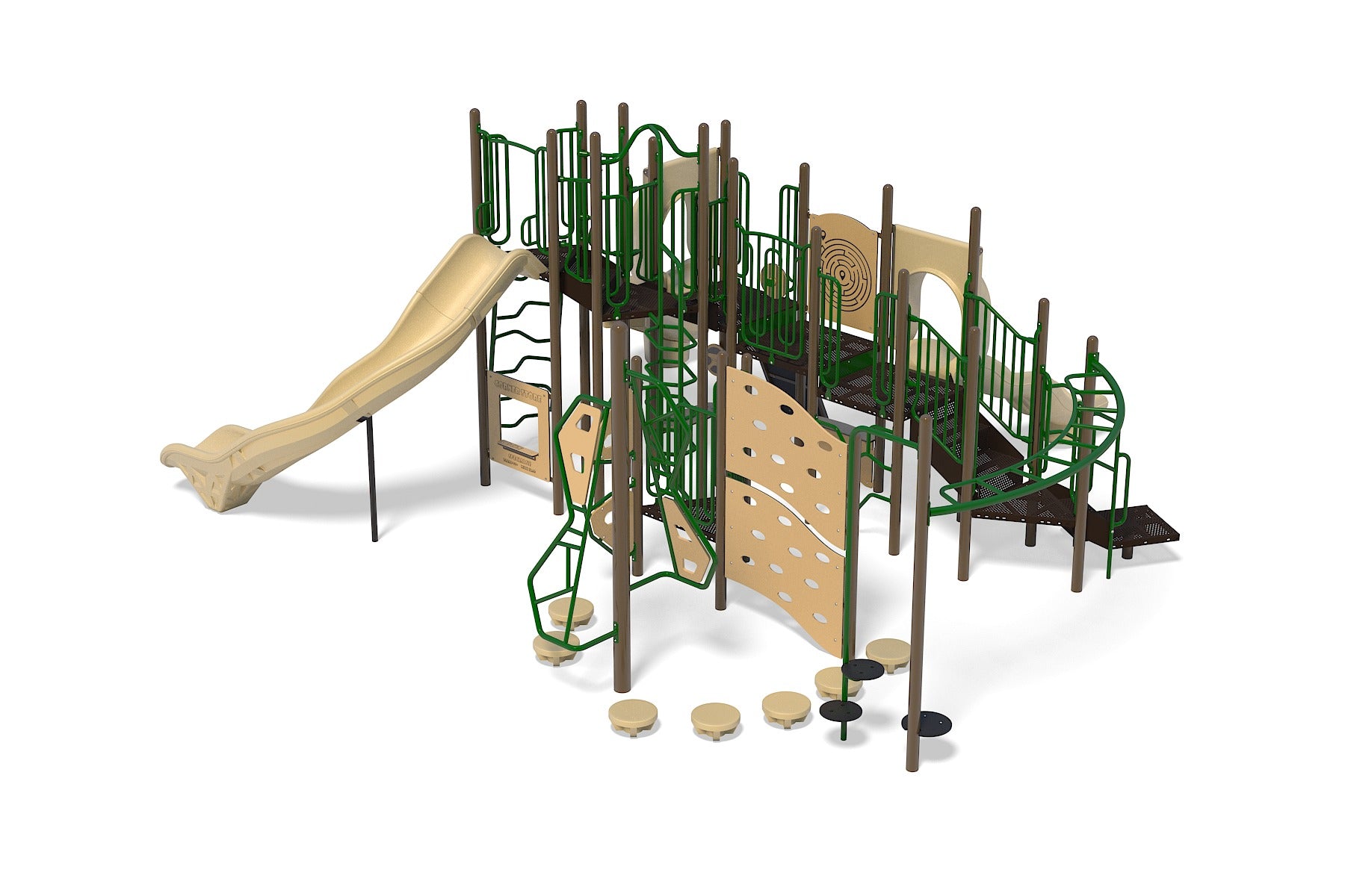 Commercial playground with tan slides, green climbing frames, maze panel, curved bridge, and stepping stones.