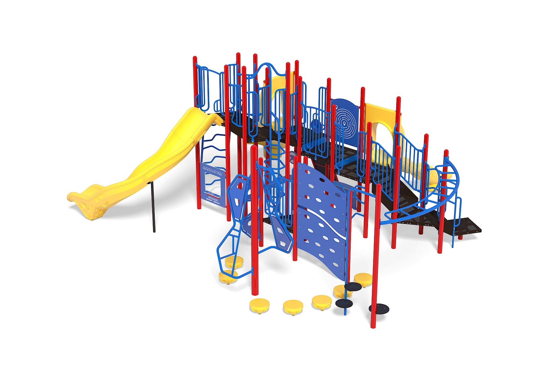Commercial playground structure with yellow slides, blue climbing panels, red posts, stepping stones, and maze panel