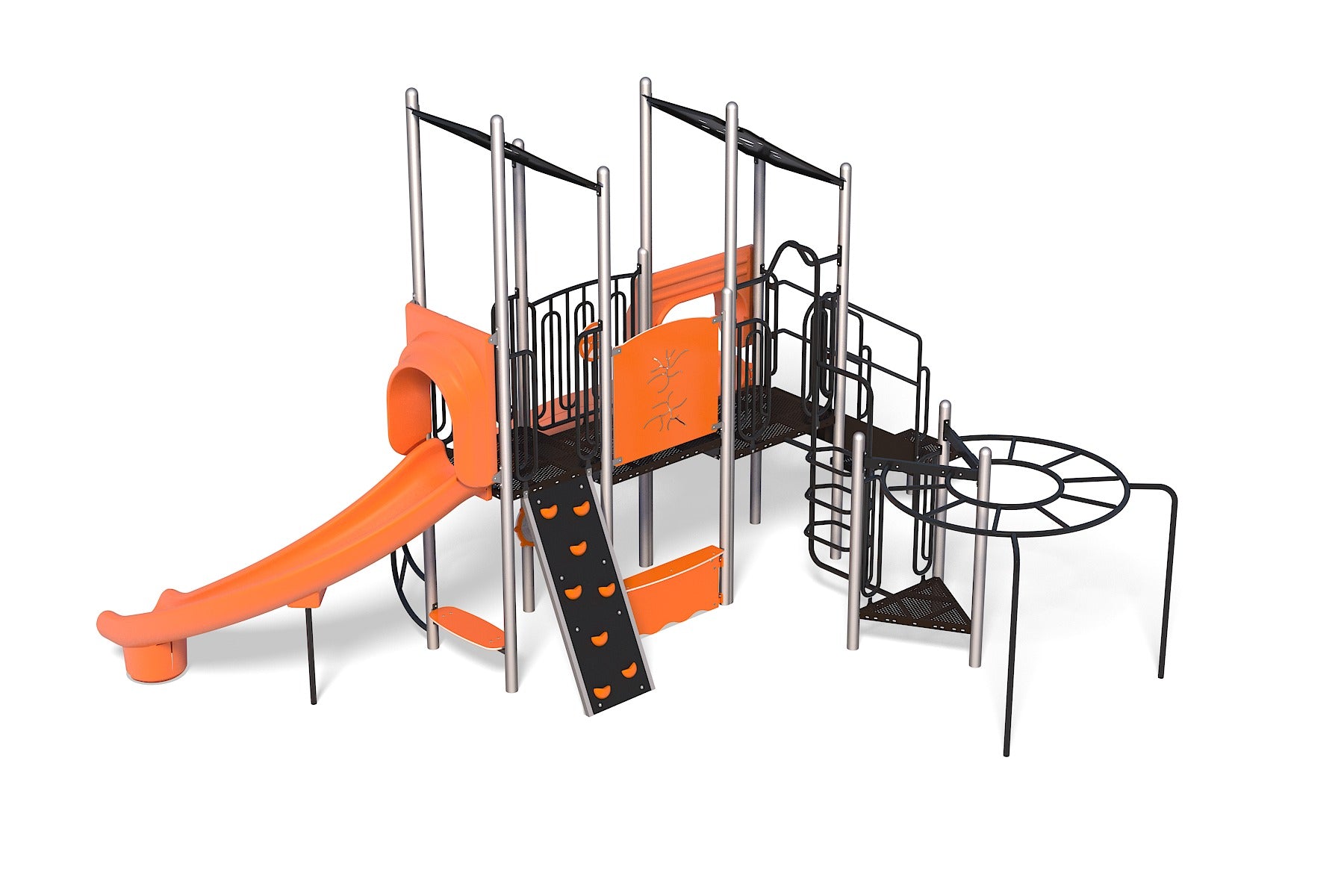 Playground structure with orange slides, climbing wall, overhead ladder, and black metal railings.