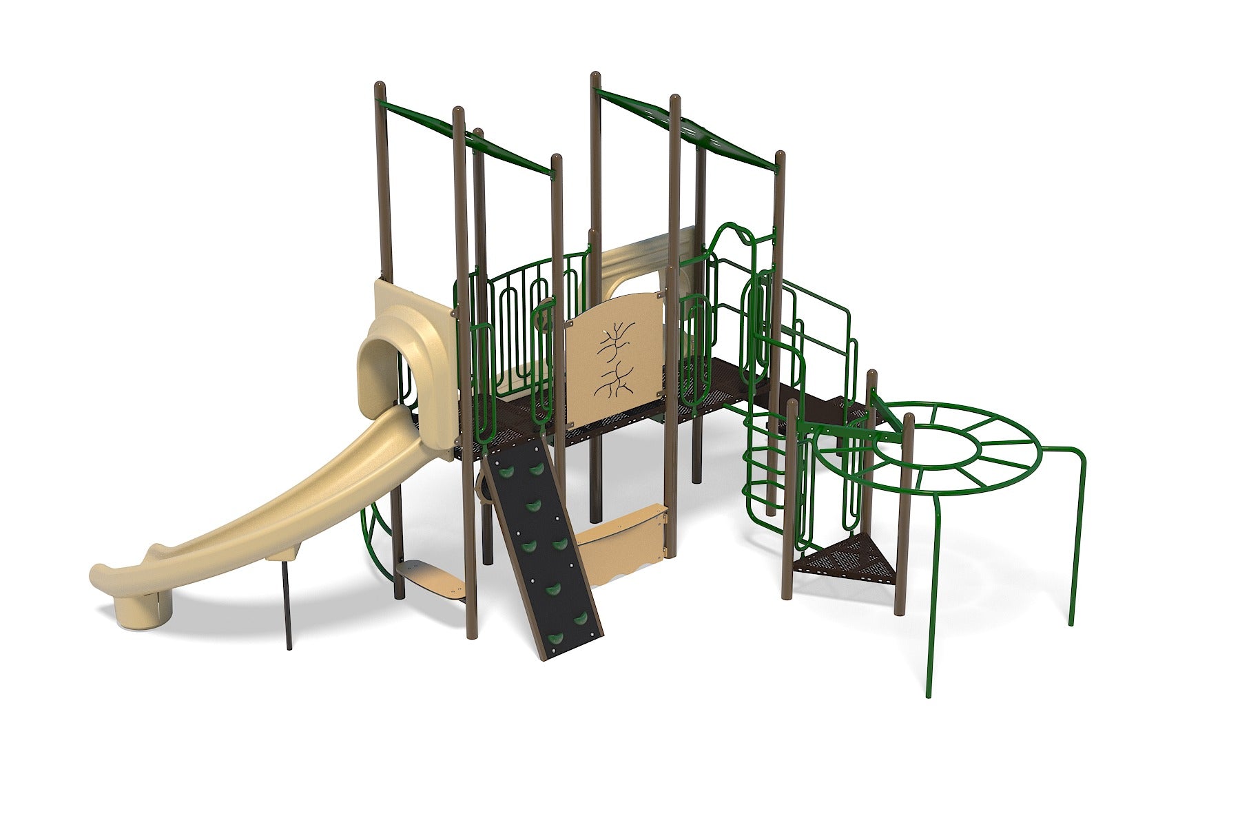 Outdoor playground structure with beige slides, climbing wall, green metal bars, and circular overhead ladder