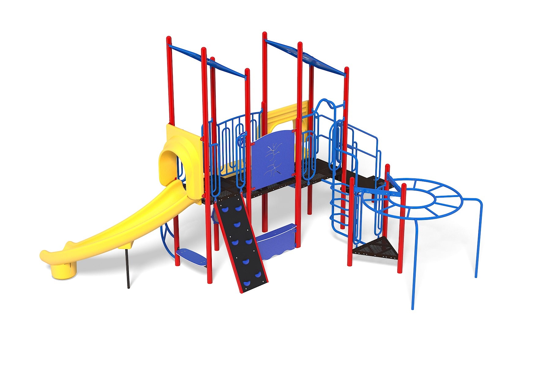 Colorful playground structure with yellow slide, climbing wall, overhead ladder, and interactive activity panels in red, blue, and black.