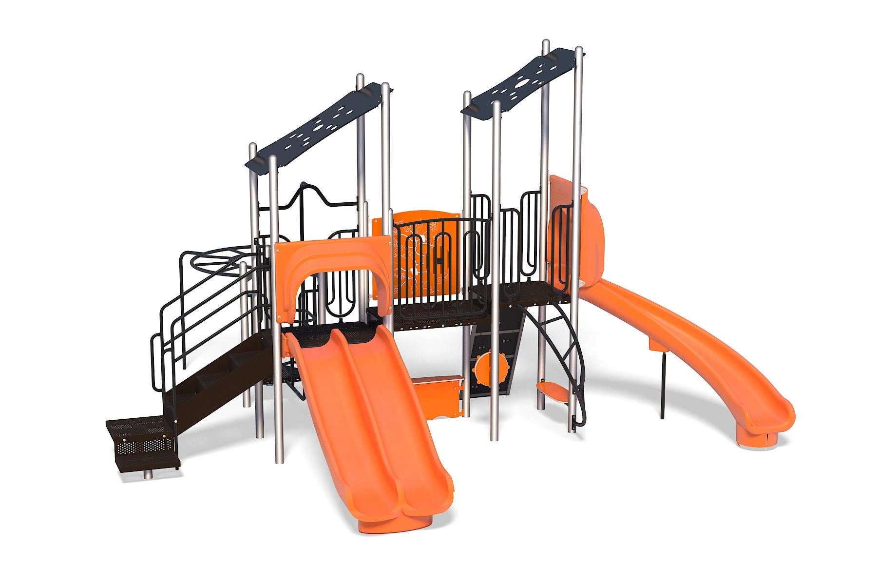 Playground structure with dual orange slides, rockwall and twisted arch climbers, overhead ladder, and black railings.