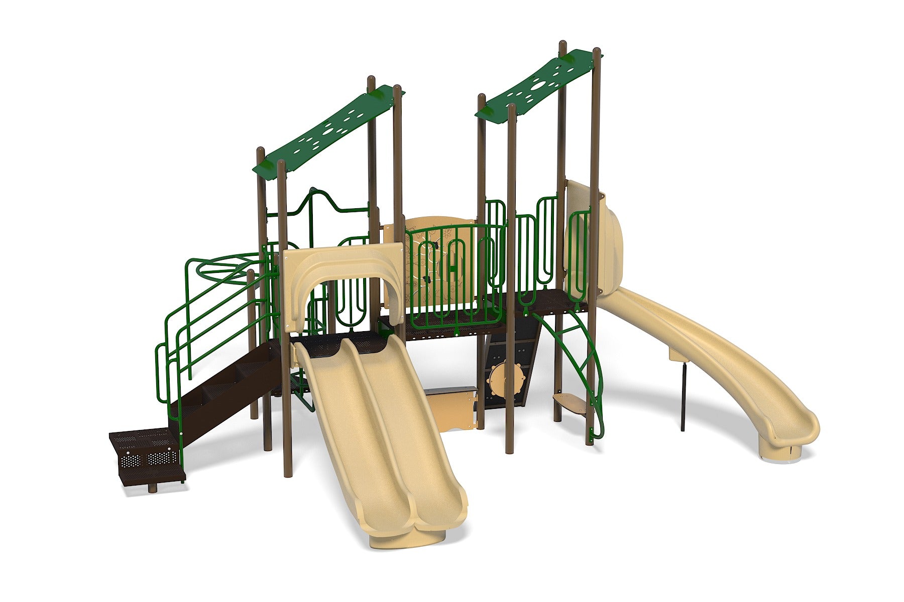 Treasure Island Playground with dual beige slides, green railings, climbing features, shaded platforms, and interactive play panels in natural tones