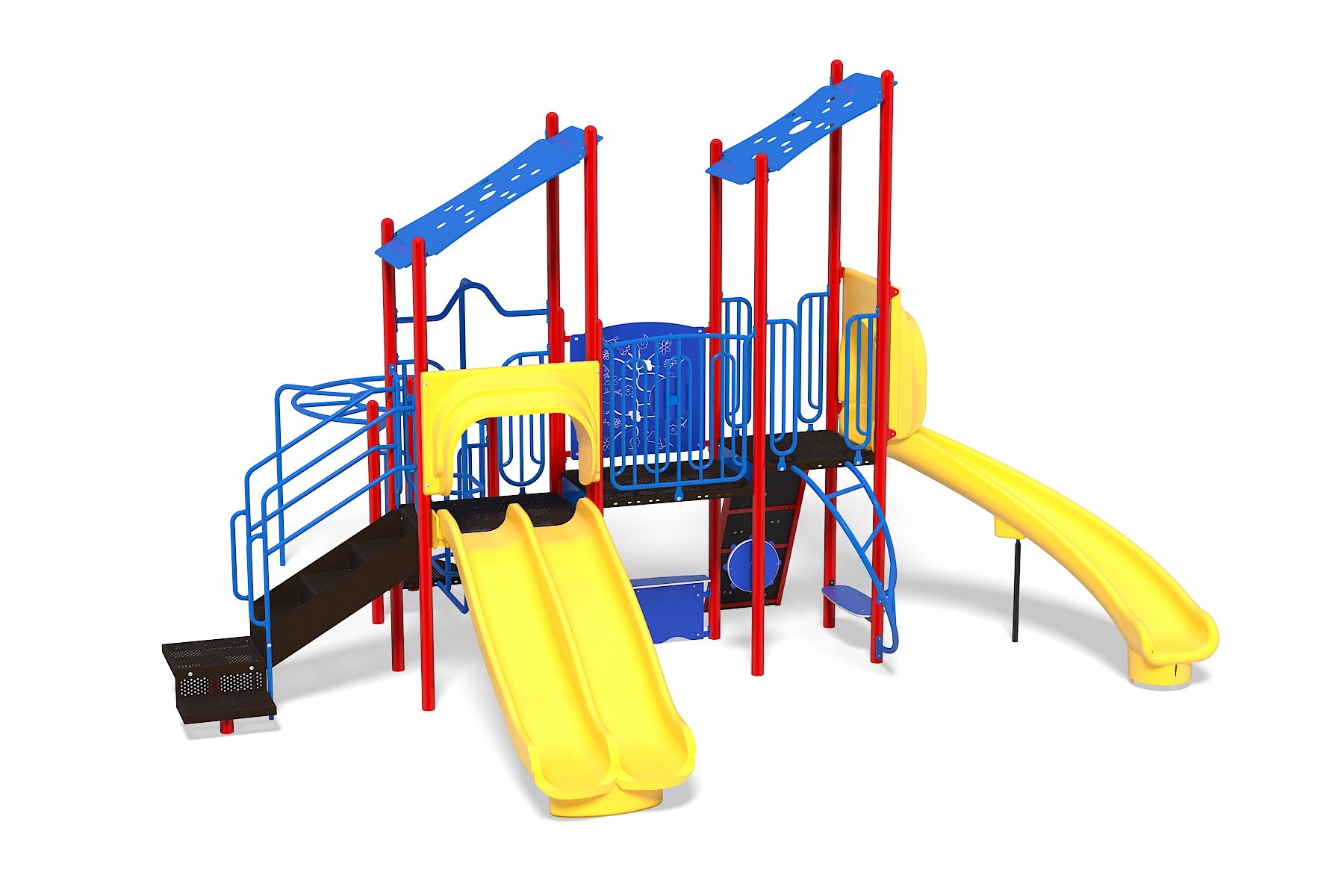 Colorful playground structure with dual yellow slides, climbing walls, overhead ladder, and interactive activity panels on blue and red framework