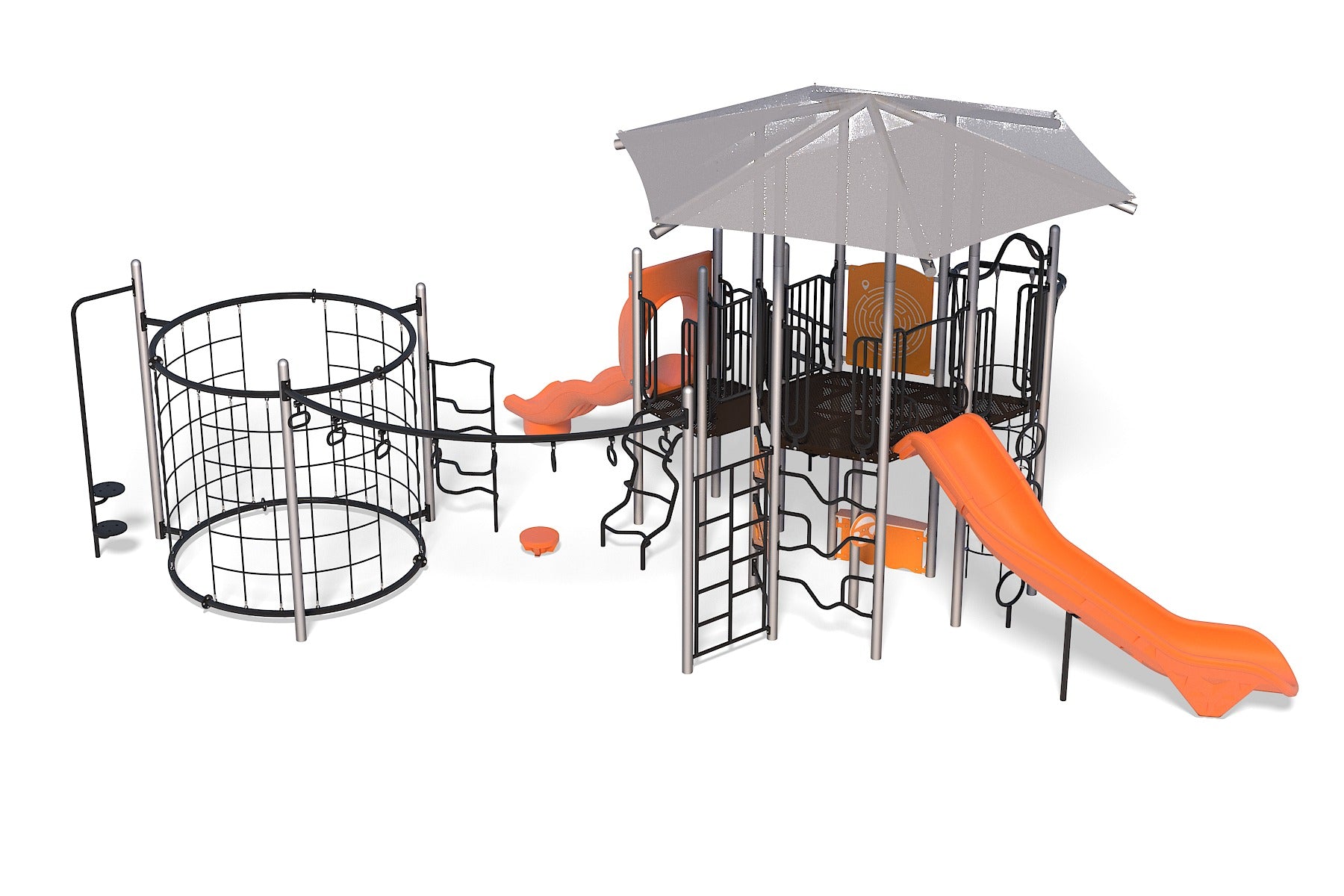 Outdoor playground with orange slides, climbing nets, ladders, shaded platform, and interactive play elements