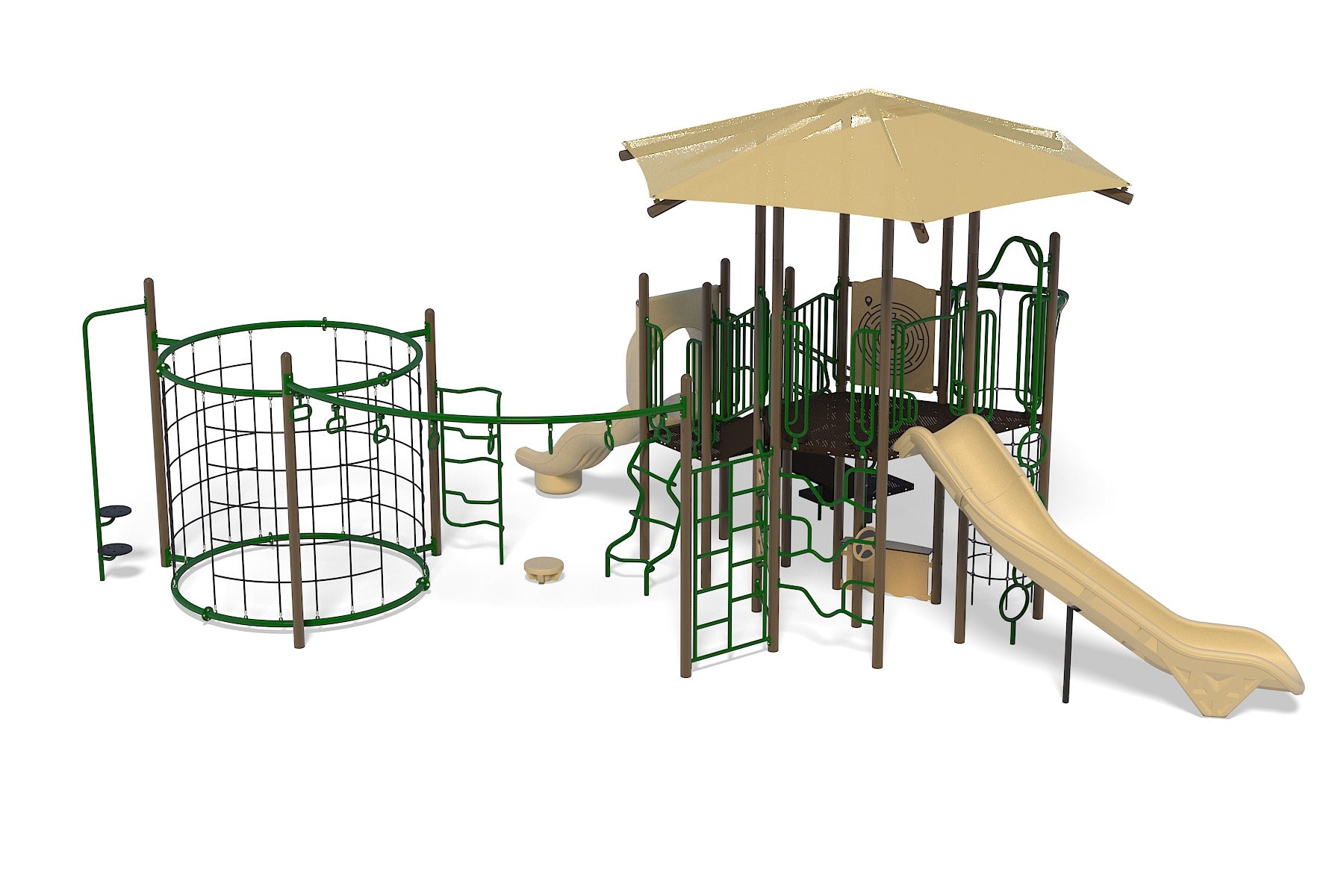 Outdoor playground structure with beige slides, green climbing nets, ladders, shaded platform, and interactive play elements.