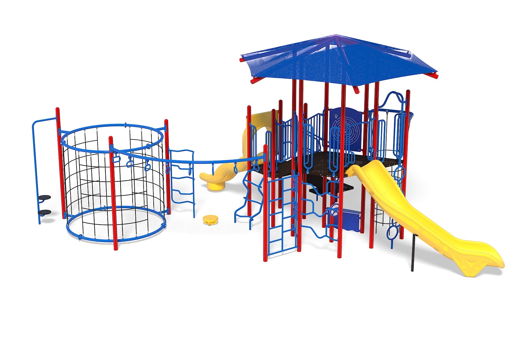 Colorful jungle-themed playground with yellow slides, blue climbing frames, red posts, and a blue canopy roof