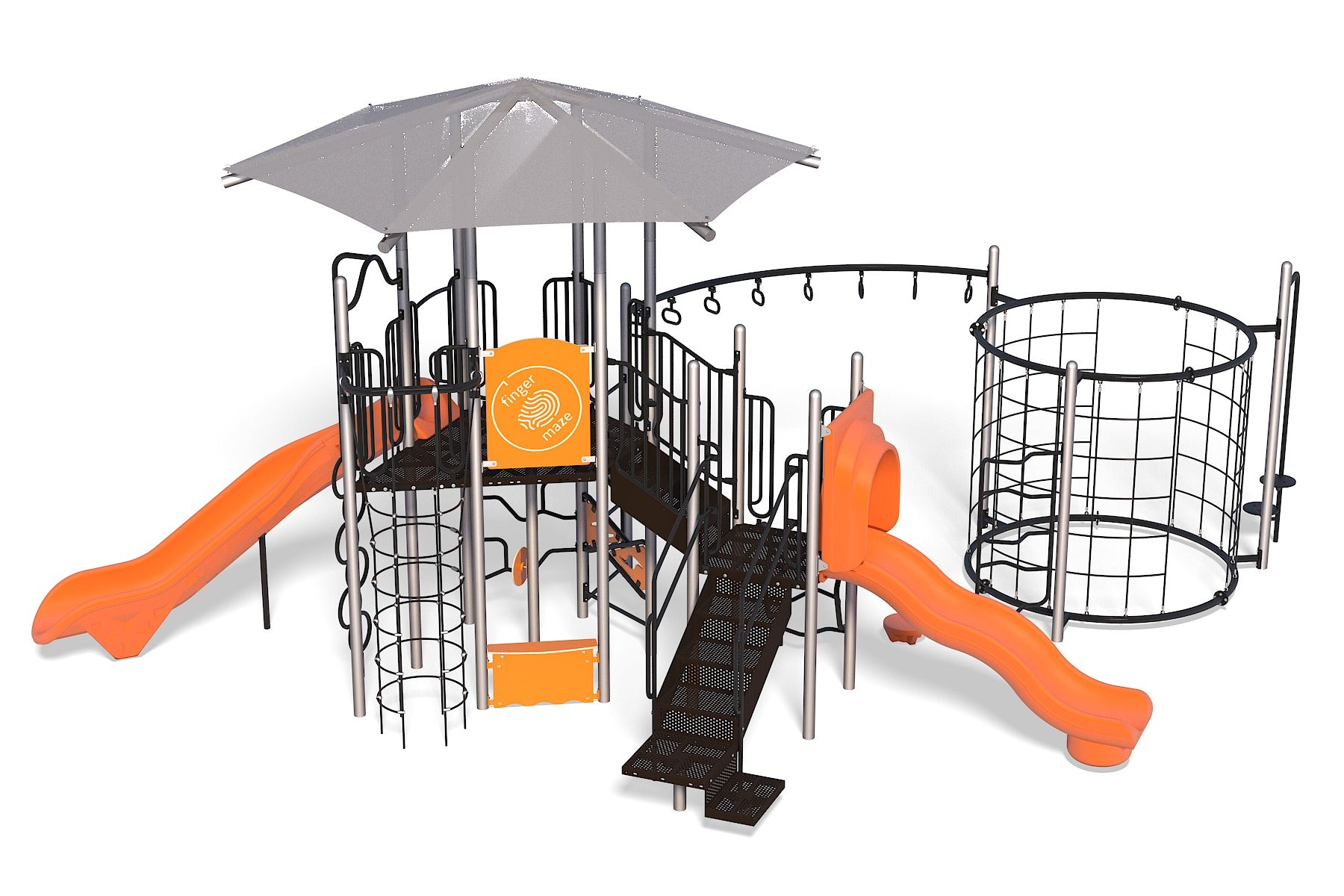 Modern playground with orange slides, climbing nets, monkey bars, shaded platform, and interactive play features