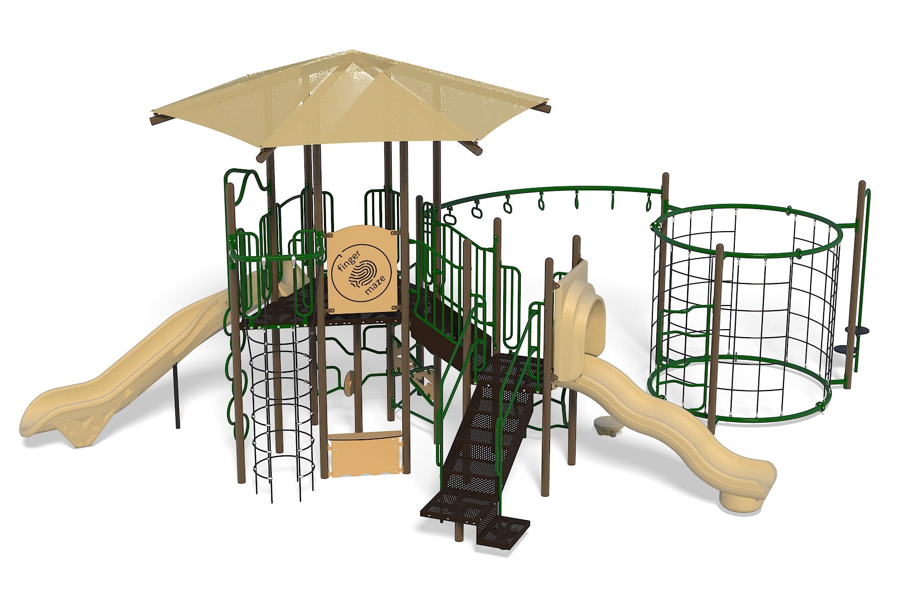 Natural-toned playground with slides, climbing nets, monkey bars, shaded platform, and interactive play elements.