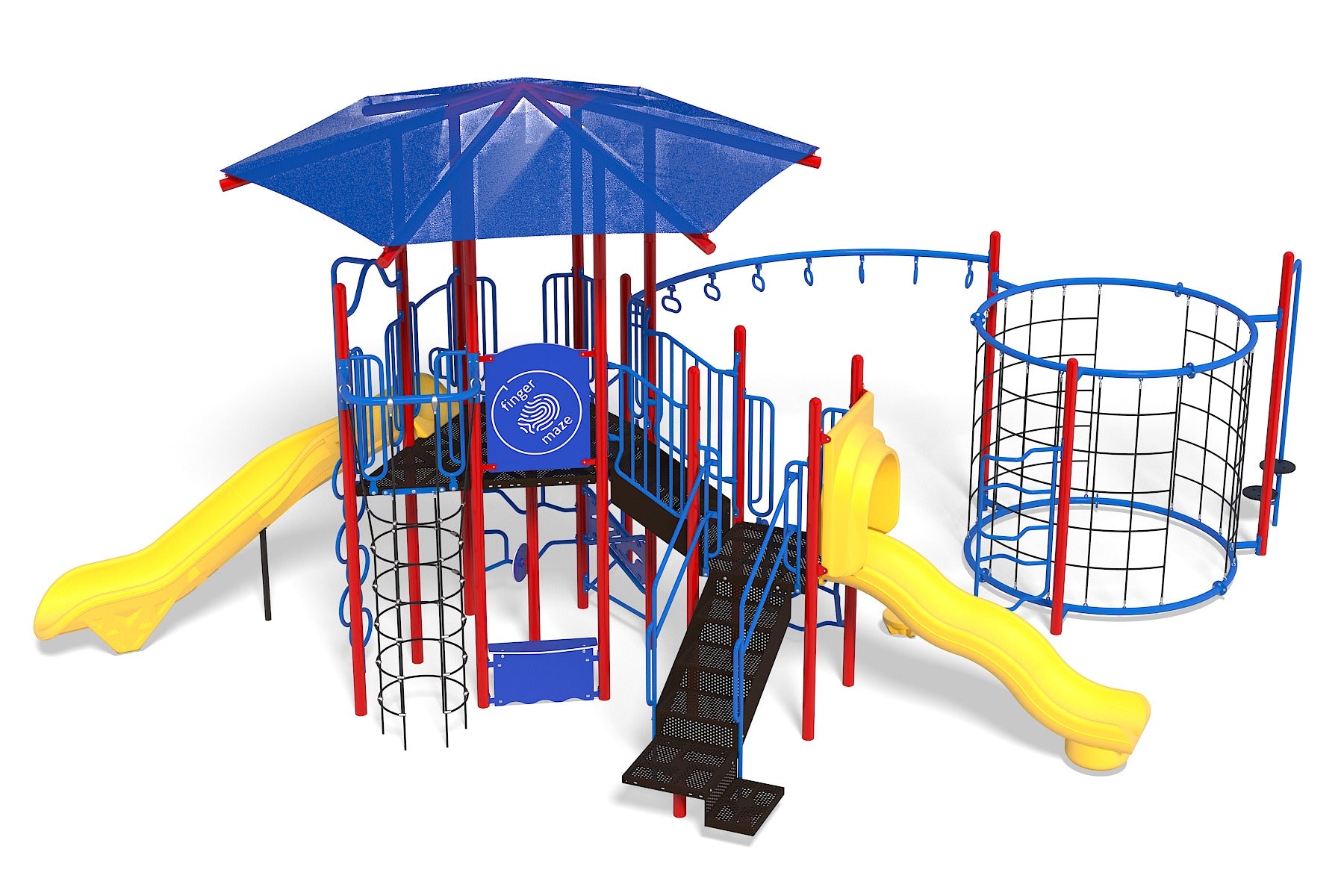 The Jungle Safari Playground with yellow starglide and wave slides, red and blue climbing structures, rope climbers, and a finger maze panel.