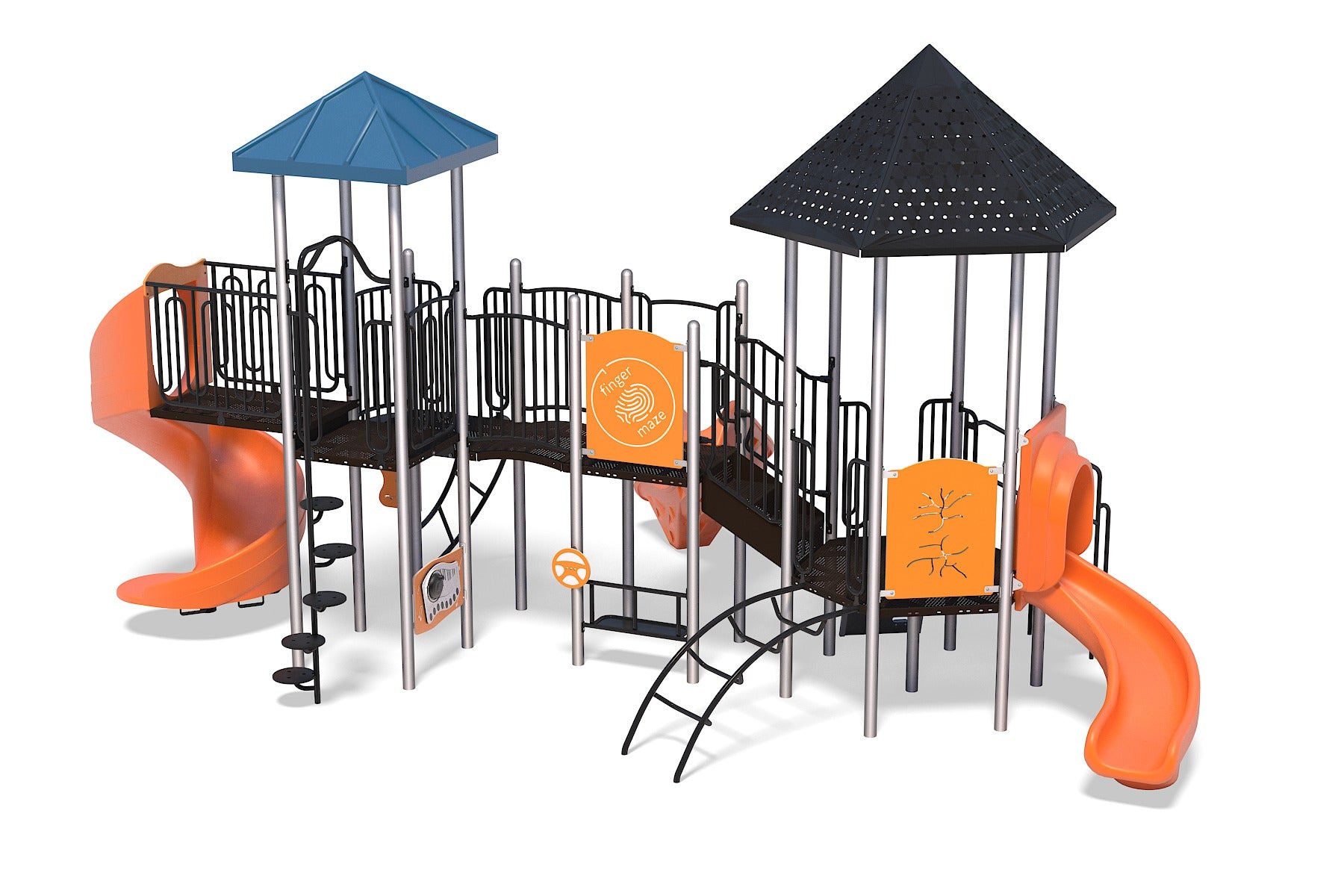 Outdoor playground structure with orange slides, climbing elements, interactive panels, and shaded platforms