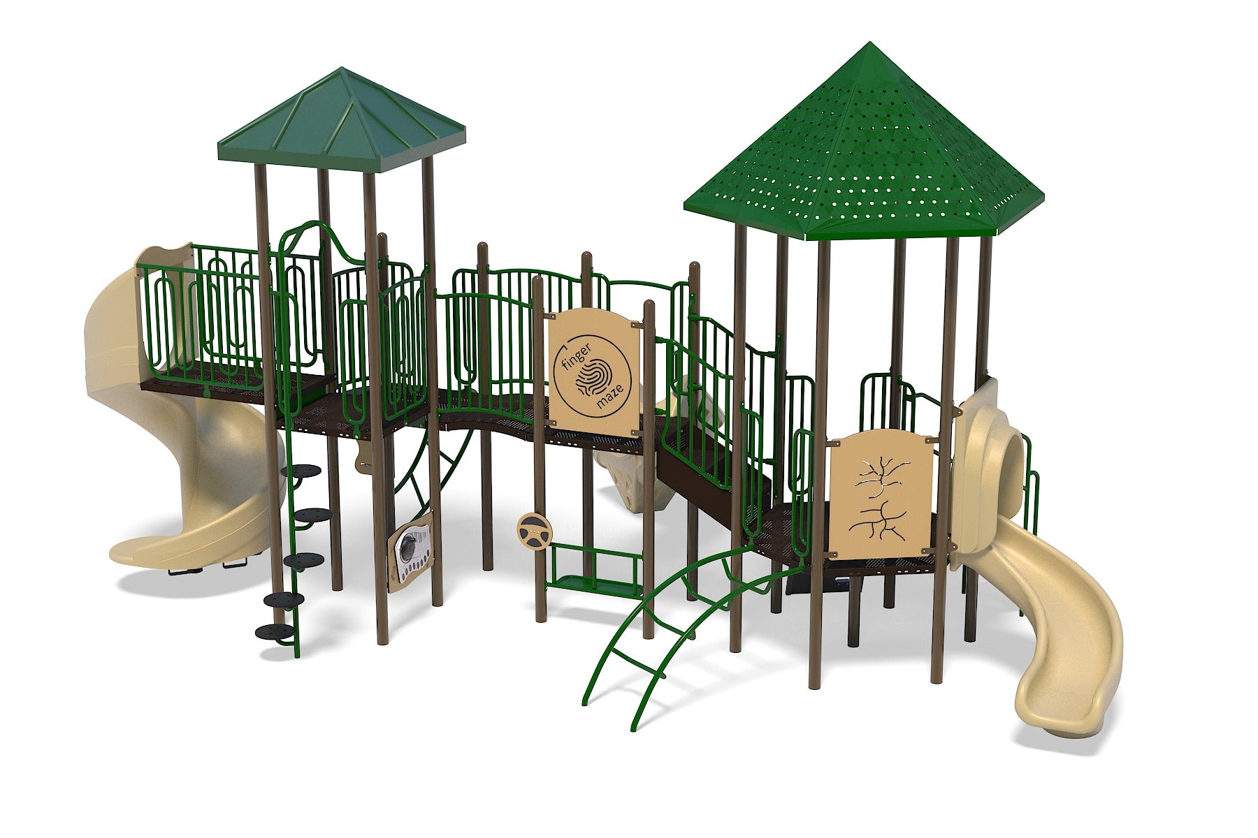 Outdoor playground with green roofs, beige slides, climbing structures, interactive panels, bridges, and play features for active children