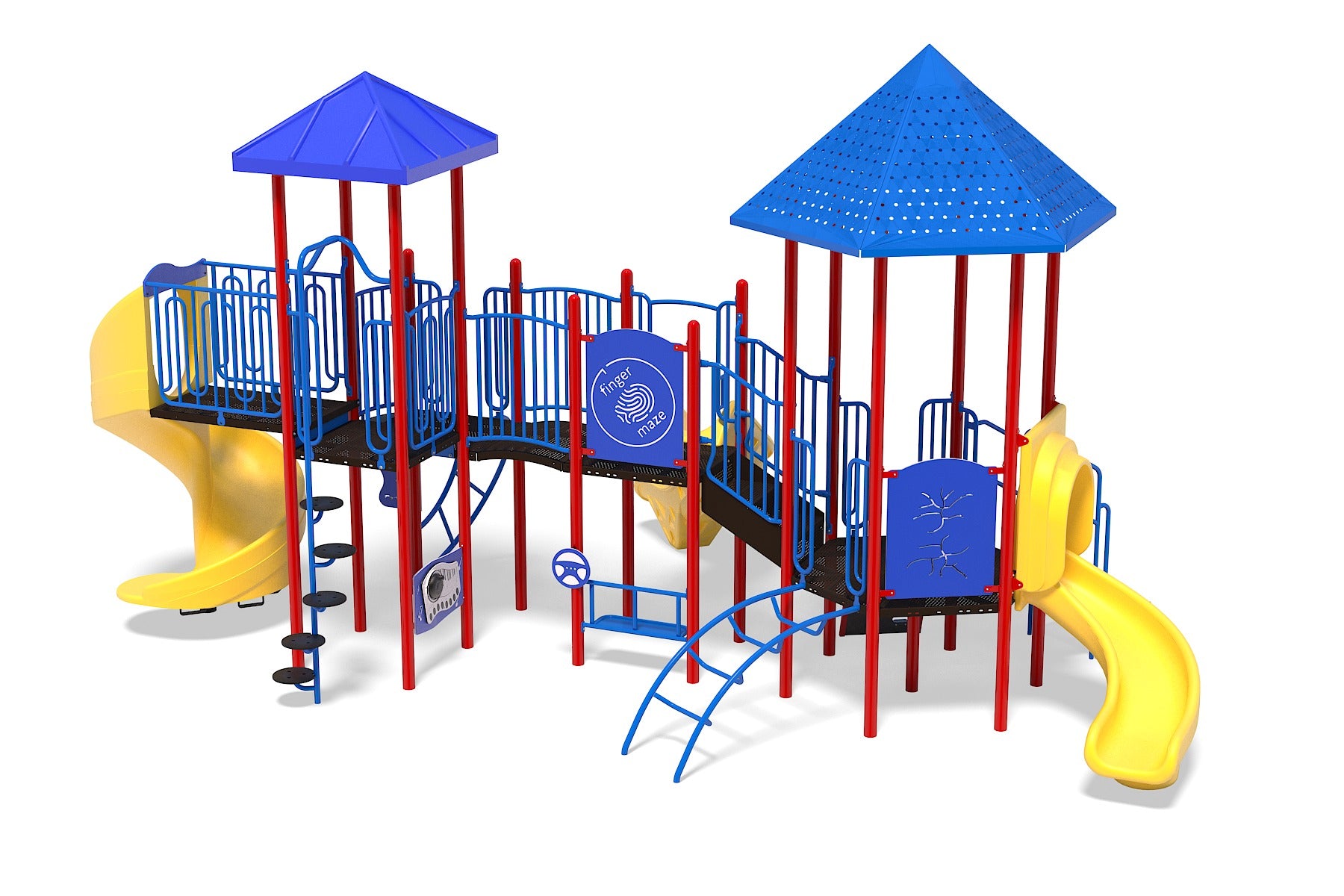 Colorful playground structure with blue roofs, red poles, yellow slides, climbing elements, and interactive play panels