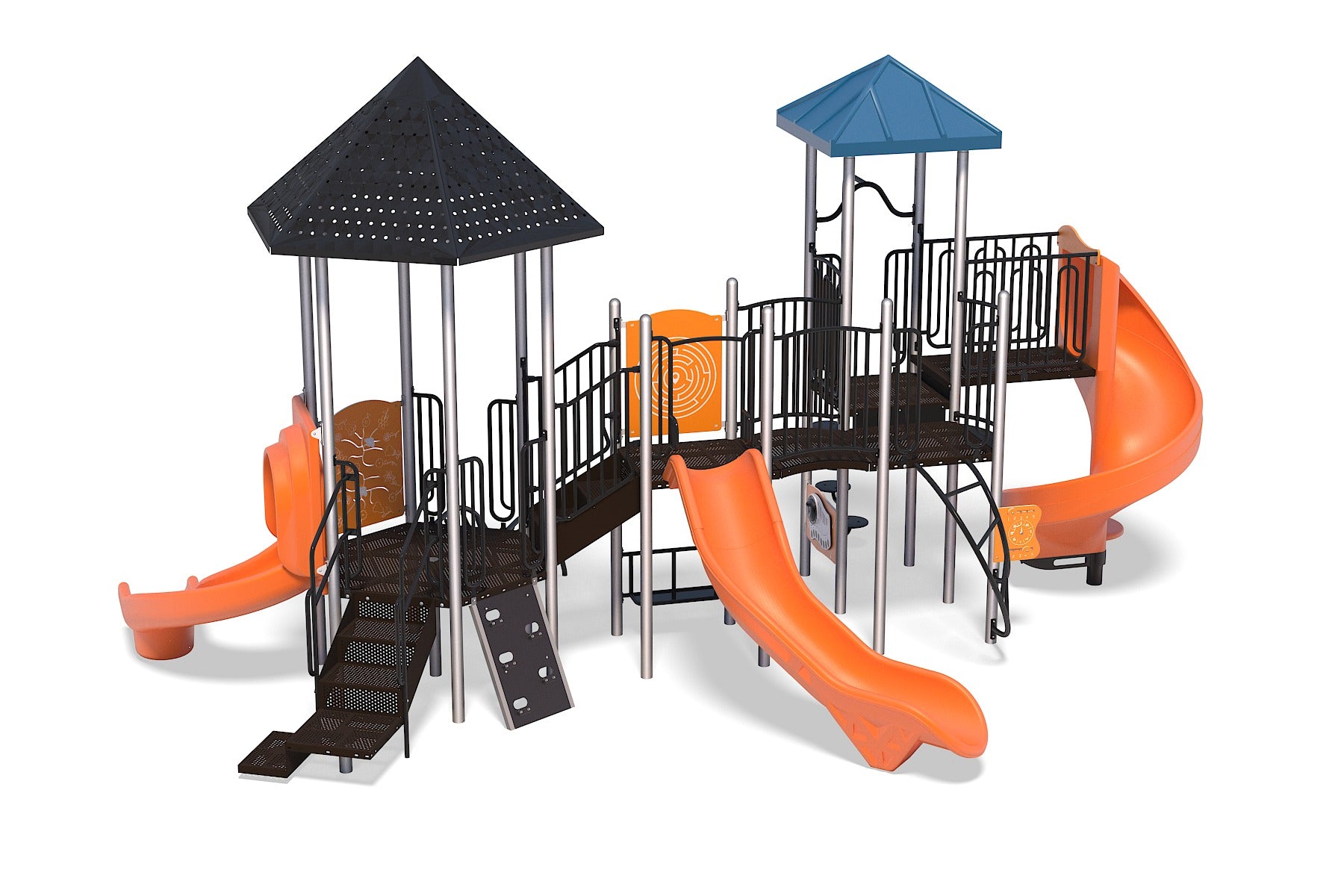 Outdoor playground with orange slides, black platforms, metal poles, climbing panels, two covered towers, and interactive play features