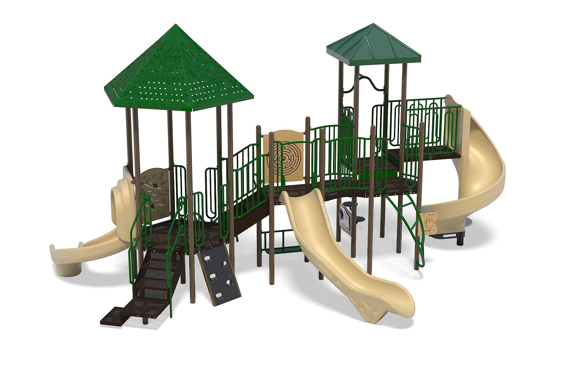 Outdoor playground with green roofs, beige slides, climbing panels, interactive play features, and a steering wheel post