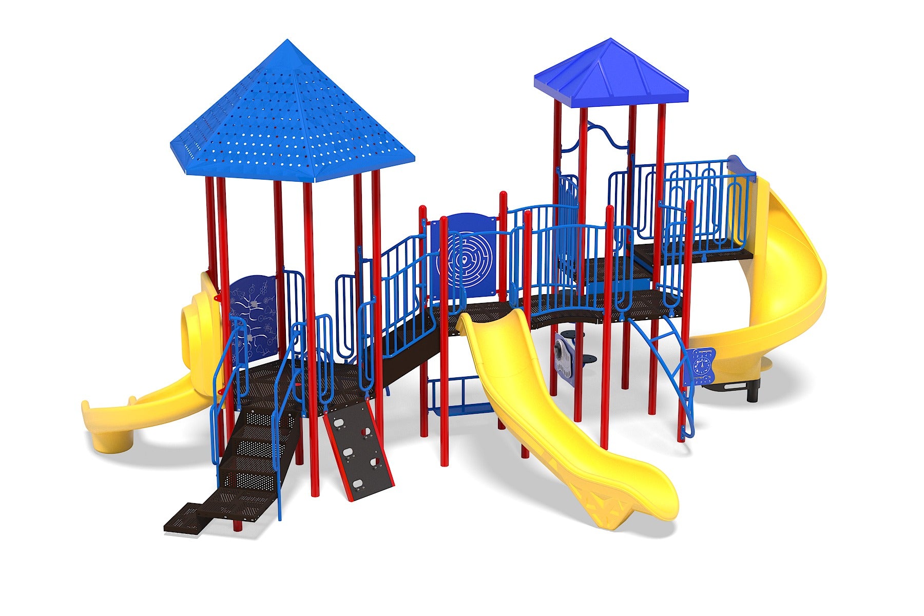 The Enchanted Adventure Playground with blue roofs, red posts, yellow slides, climbing panels, and interactive play features including a spiral slide and finger maze panel.