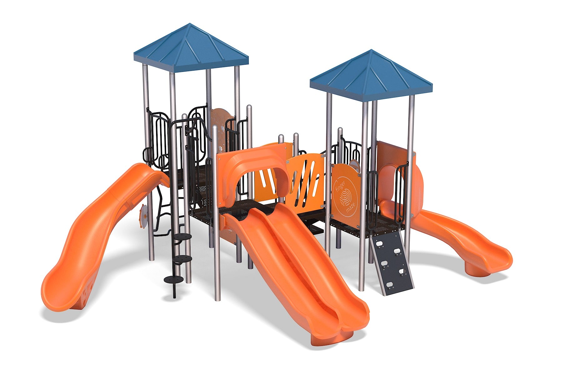 Outdoor playground structure with orange slides, blue roofs, climbing panels, and interactive play features including a honey bee panel and maze wheel