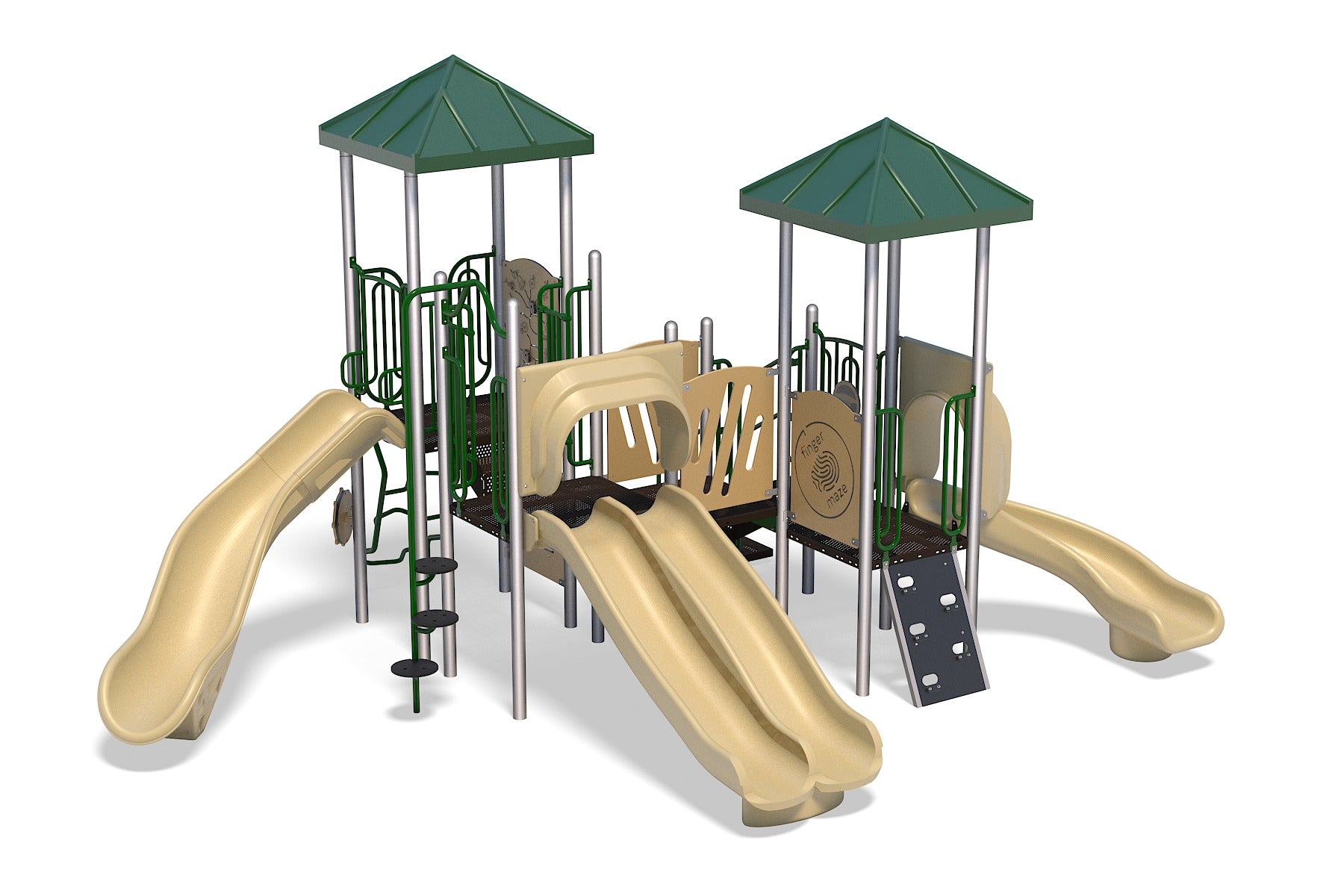 Mountain View Playground with beige slides, green roofs, climbing features, and interactive natural-tone play panels