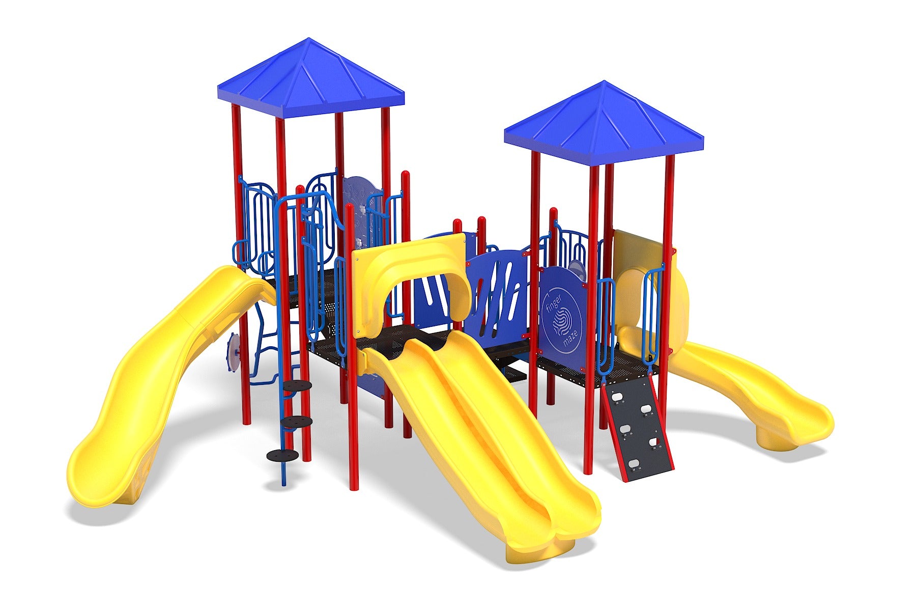 Colorful playground structure with yellow slides, blue climbing panels, red support poles, and interactive play features.