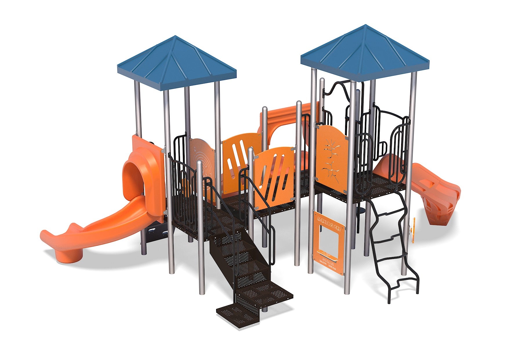 Playground structure with blue roofs, orange slides, climbing ladders, and interactive play panels for children outdoors