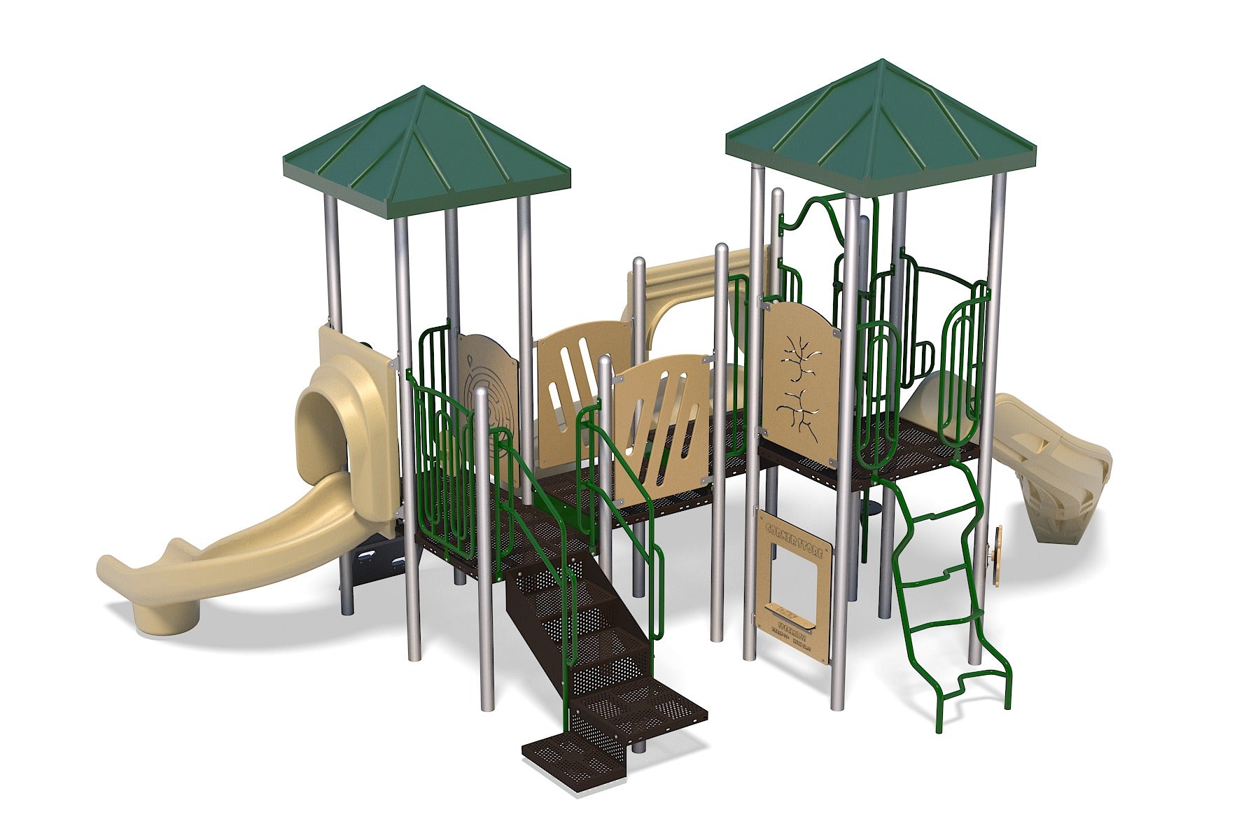 Outdoor playground structure with green roofs, beige slides, climbing ladders, and interactive play panels