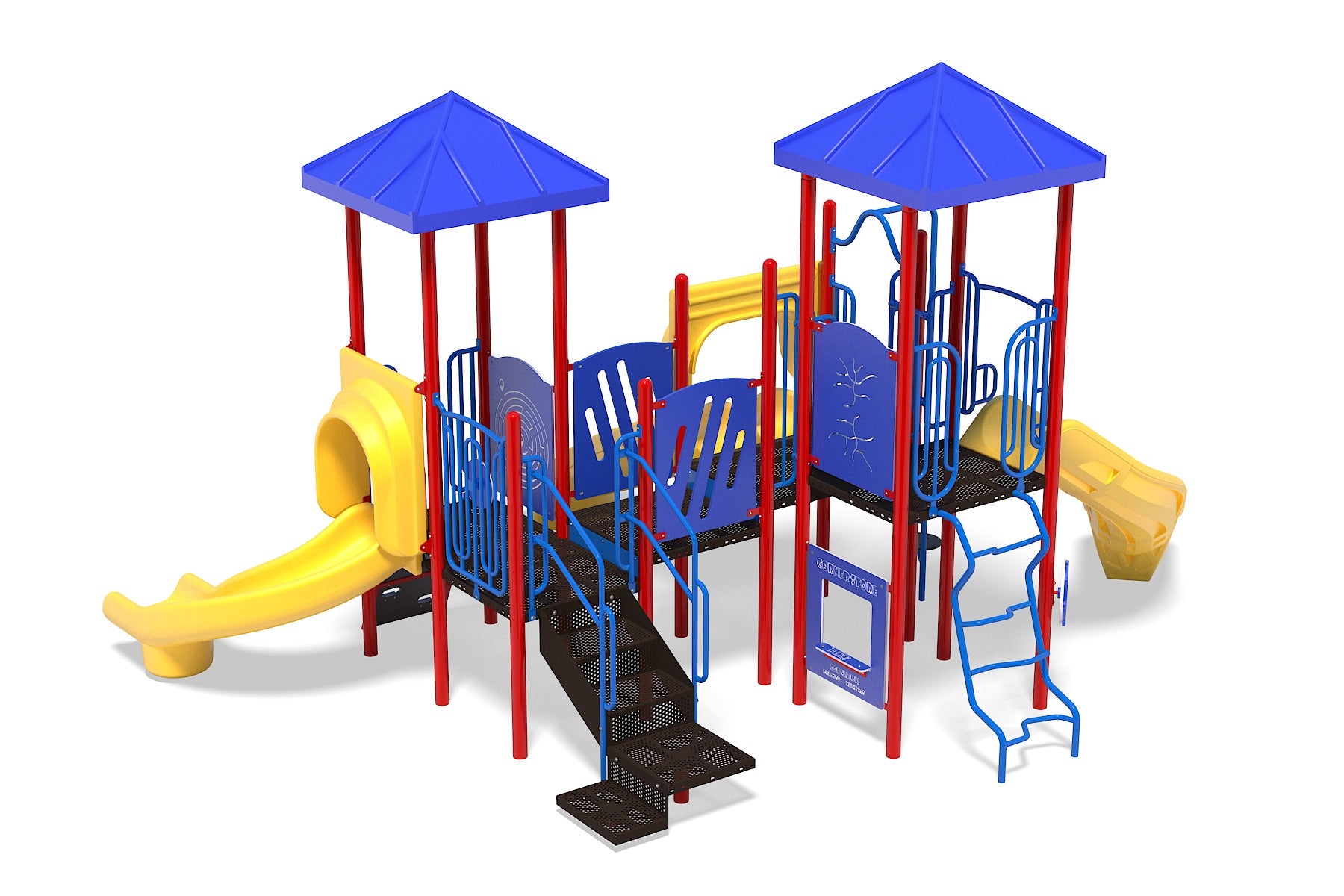 Colorful playground structure with blue roofs, red posts, yellow slides, climbing ladders, and interactive play panels