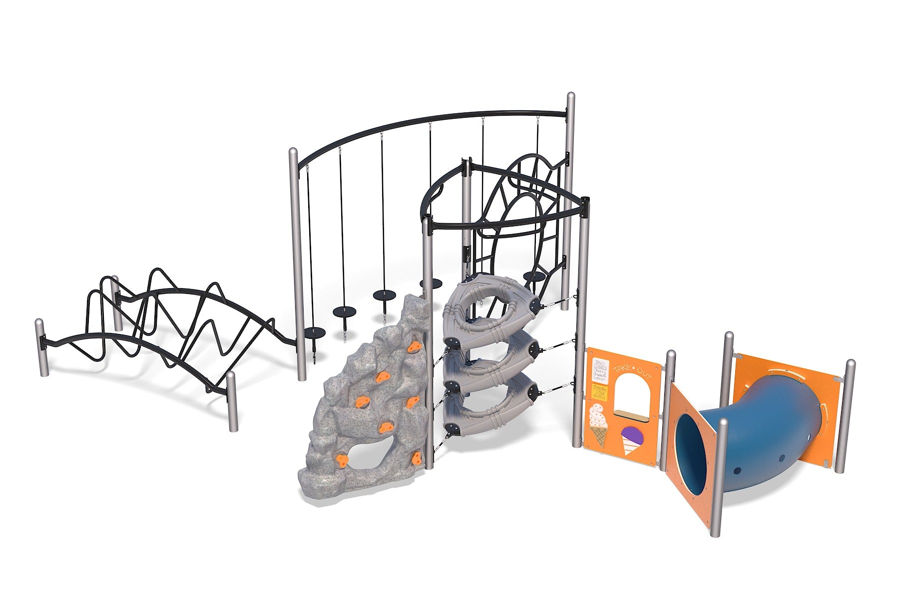 Playground structure with climbing wall, spiral tube slide, swinging discs, curved climbing bars, and interactive play panel.