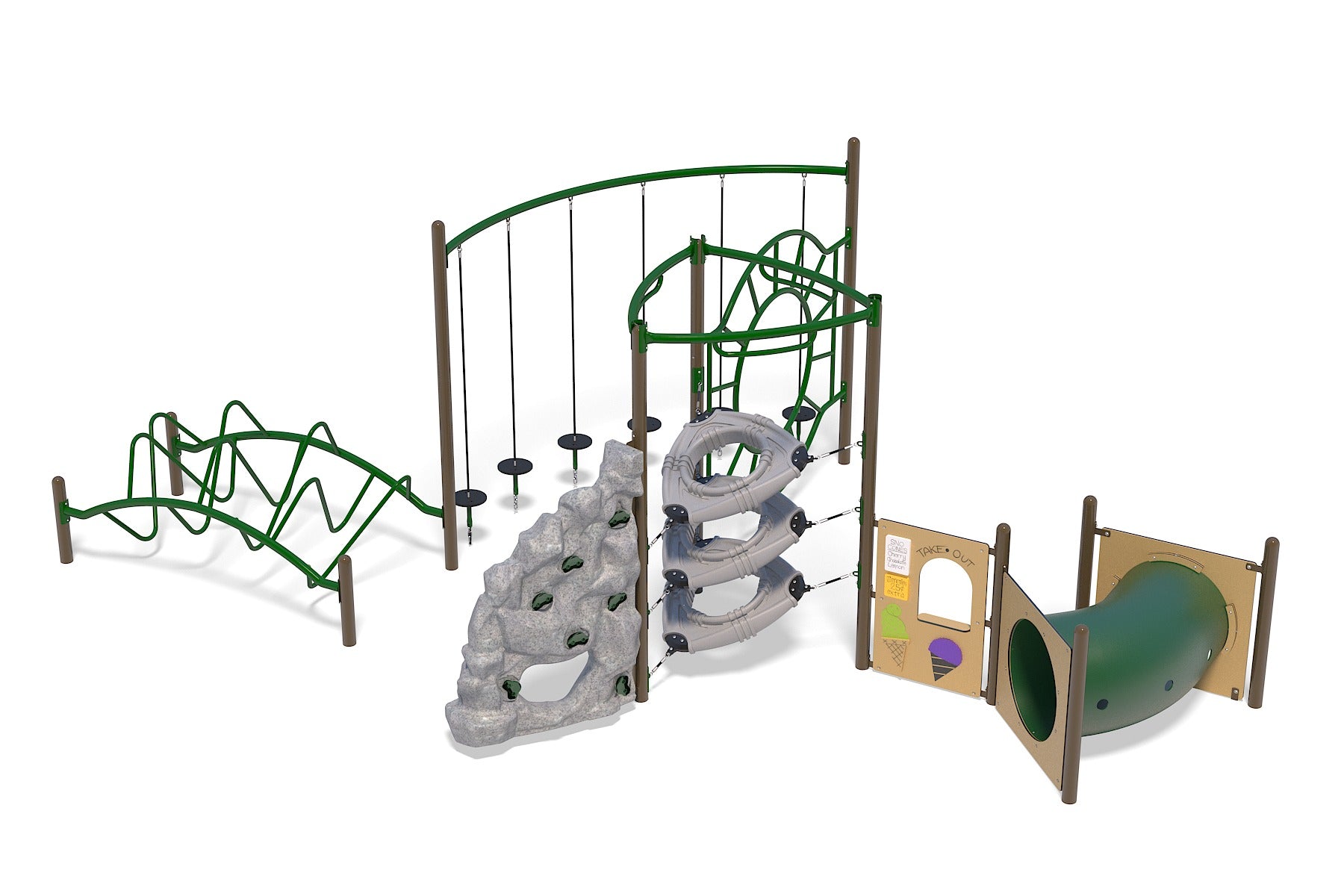 Outdoor natural-toned playground with climbing rock, spiral tube slide, rope bridge, and interactive play panels