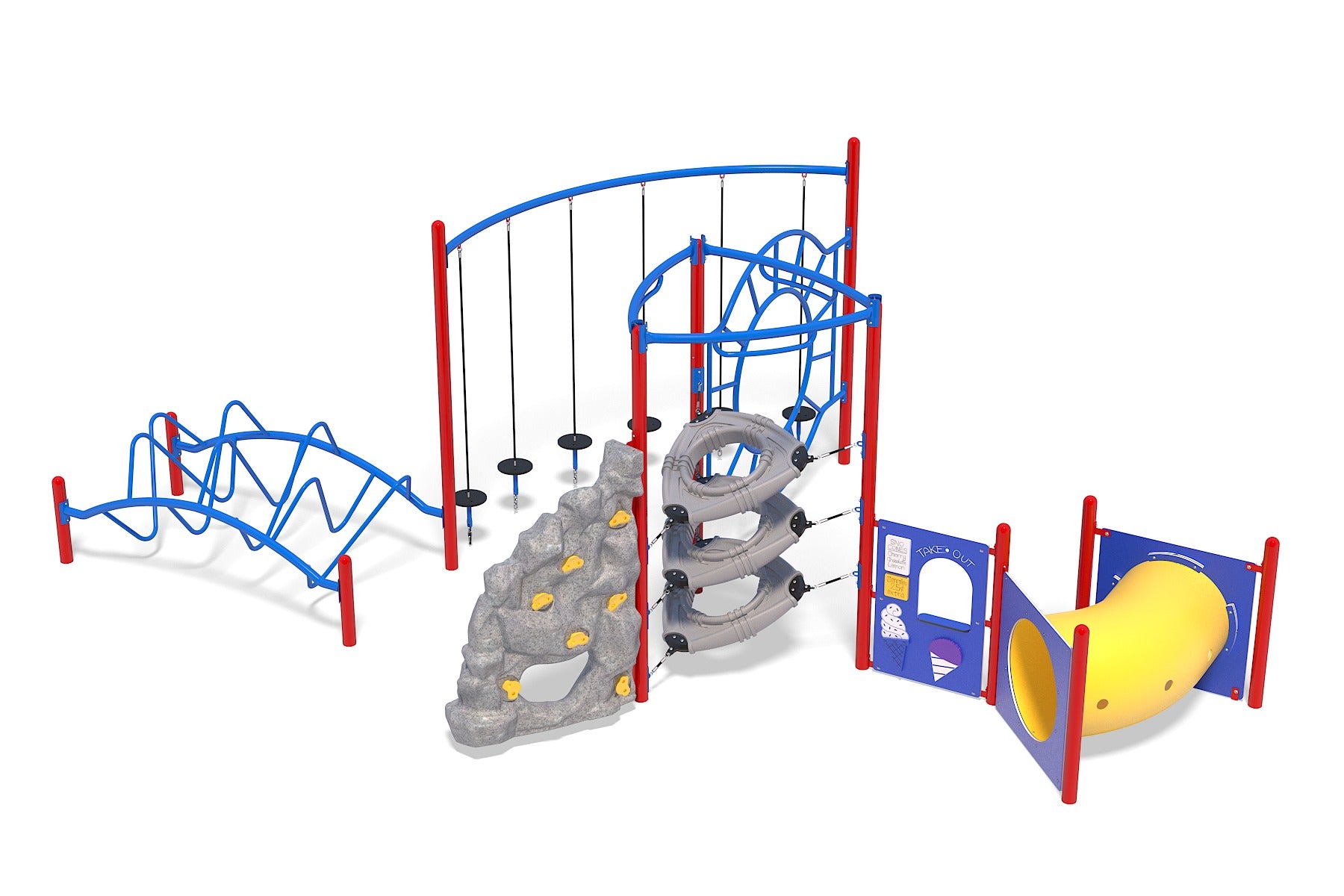 Funtasia Playground with blue and red climbing structures, gray spiral crawl tunnel, rock wall, and yellow tube slide panel