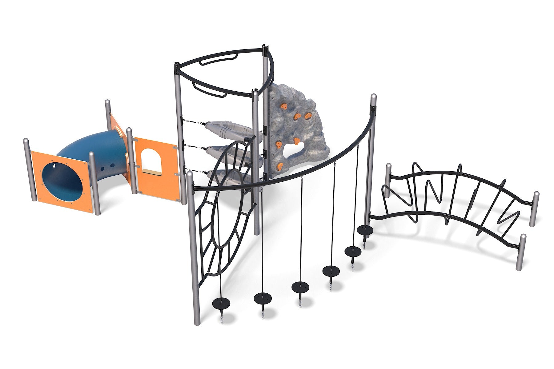 Colorful playground structure with climbing wall, crawl tunnel, hanging stepping discs, and curved climbing bars