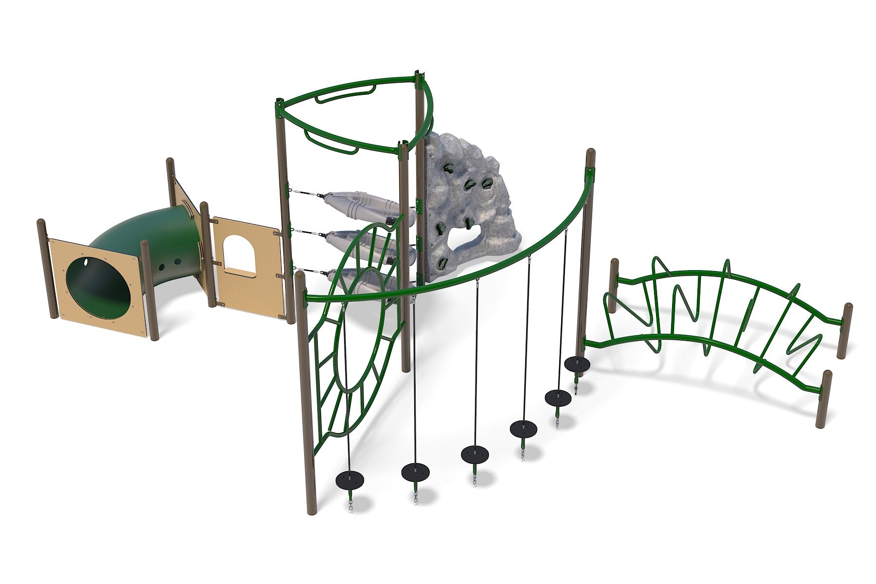 Outdoor playground structure with green climbing frames, curved crawl tunnel, rock climbing wall, and suspended stepping discs
