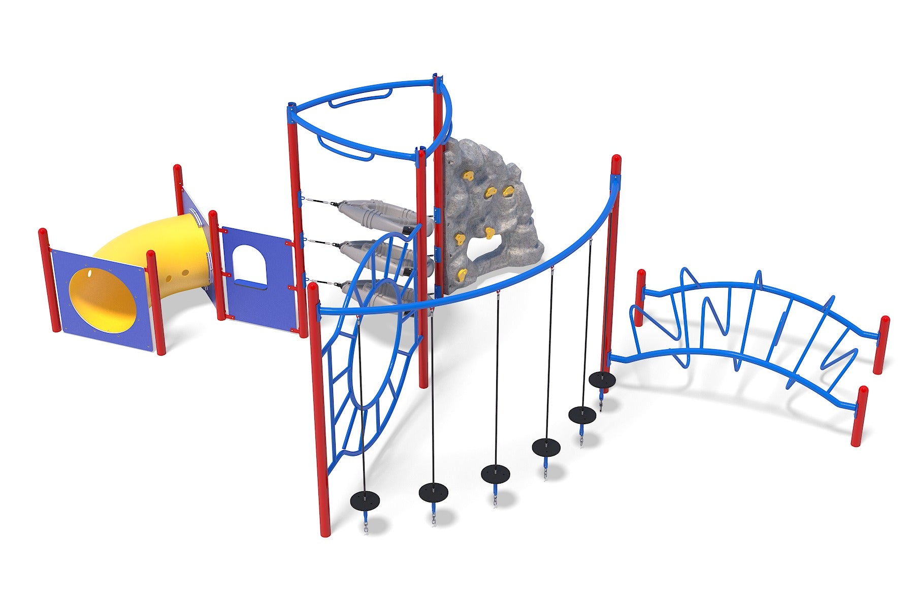 Colorful playground structure with red posts, blue climbing frames, yellow crawl tunnel, rock climbing wall, and hanging stepping discs.