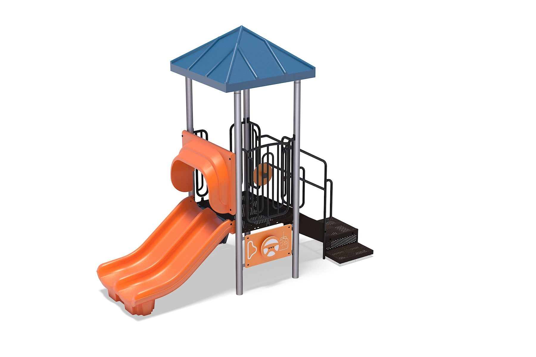 Compact children's playground with double orange slide, blue roof, stairs, and interactive steering wheel and race car panels