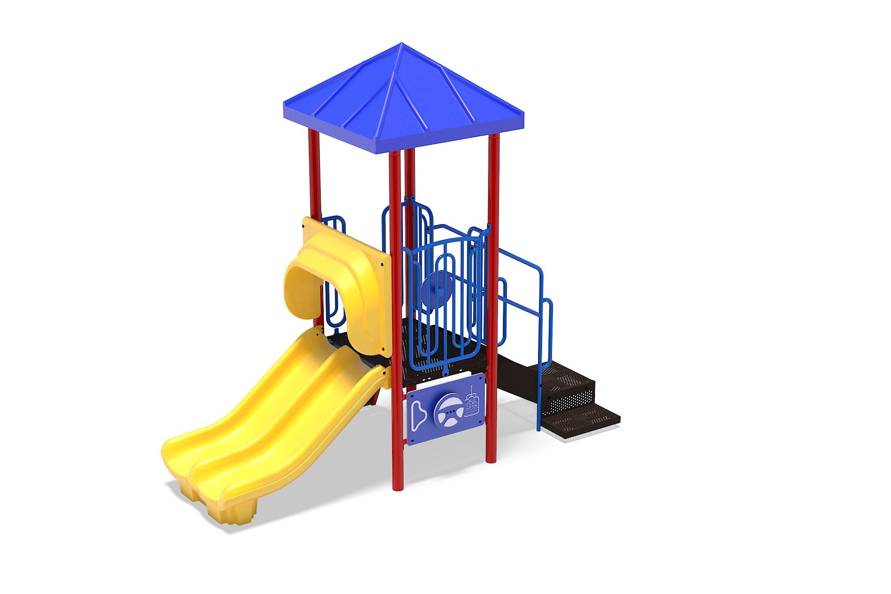 Little Explorer's Playground toddler playset with blue roof, yellow double slide, red posts, stairs, steering wheel, and under-deck race car panel