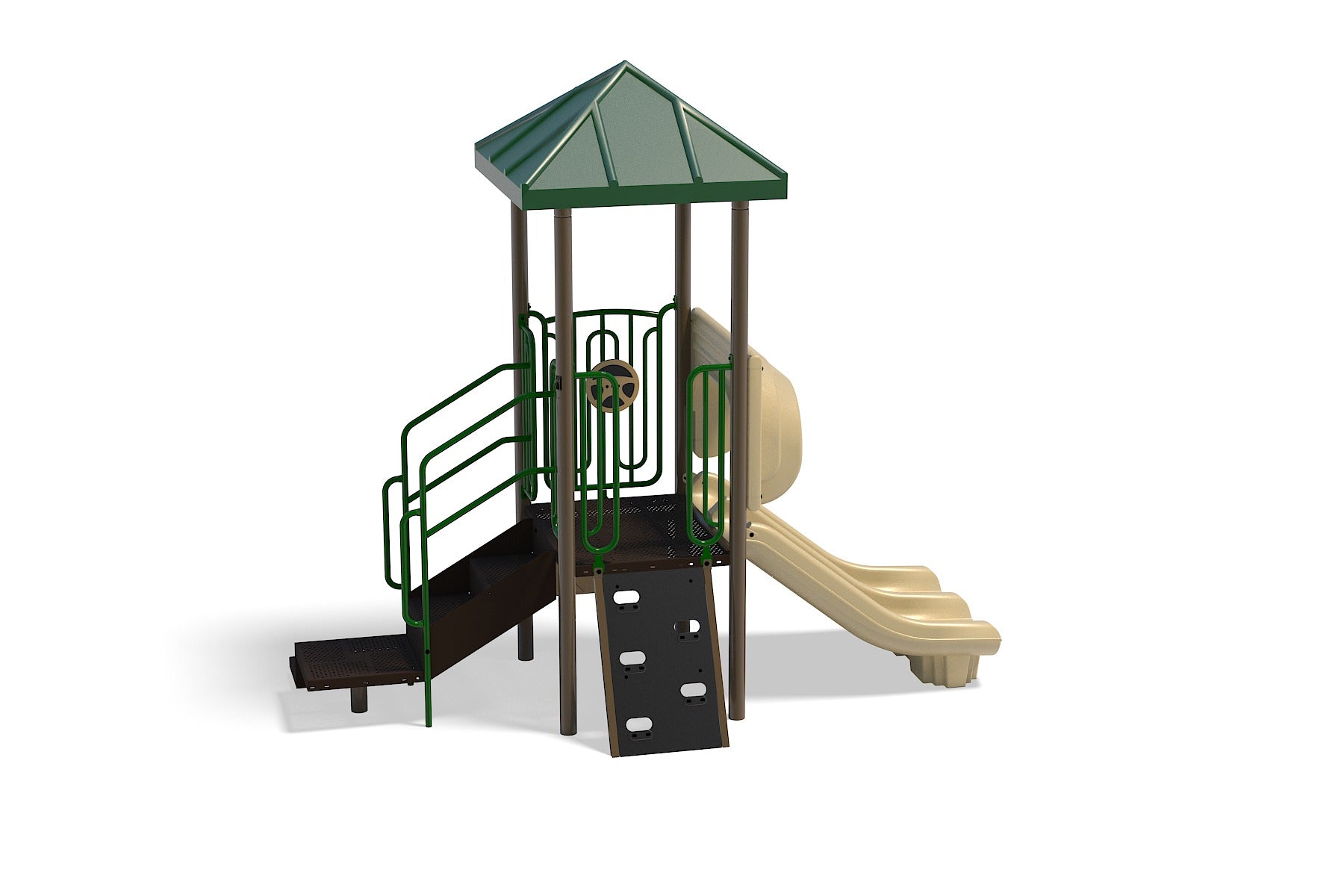 Compact children's playground with green roof, beige double slide, climbing wall, stairs, steering wheel, and race car panels