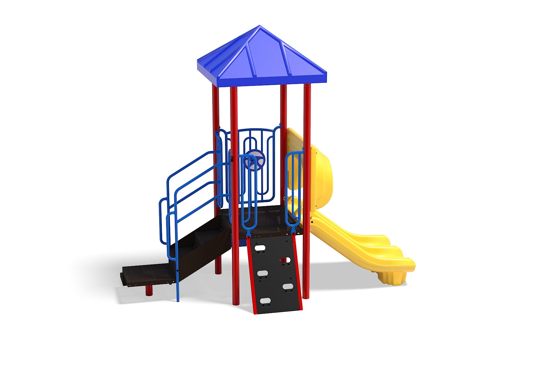 Colorful children's playground with blue roof, red posts, yellow slide, climbing ramp, and interactive steering wheel panel.