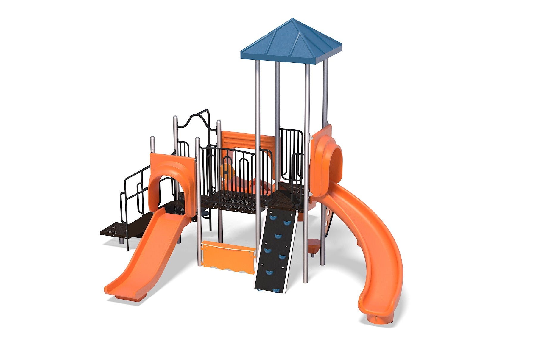 Orange and black playground structure with two slides, climbing wall, platform with roof, and railings