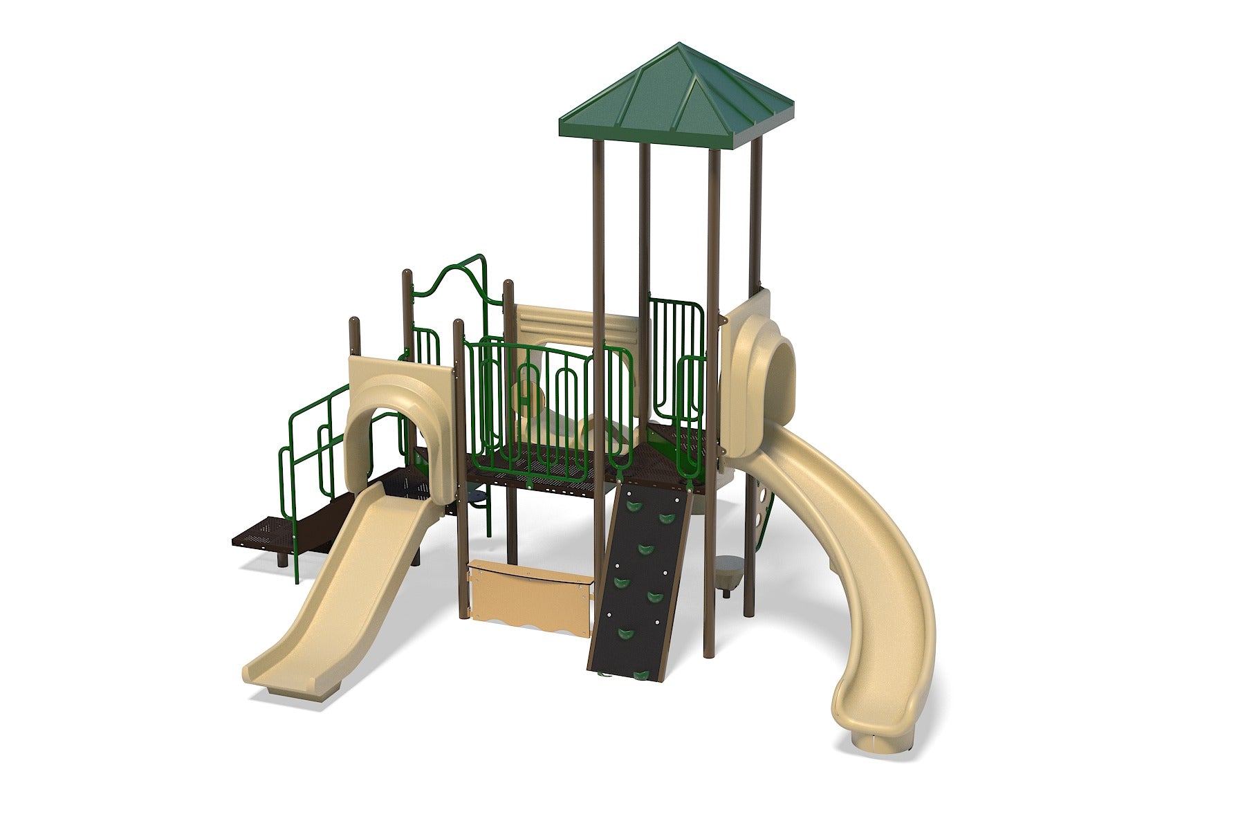 Natural-toned playground structure with two slides, climbing wall, green railings, and green roof canopy