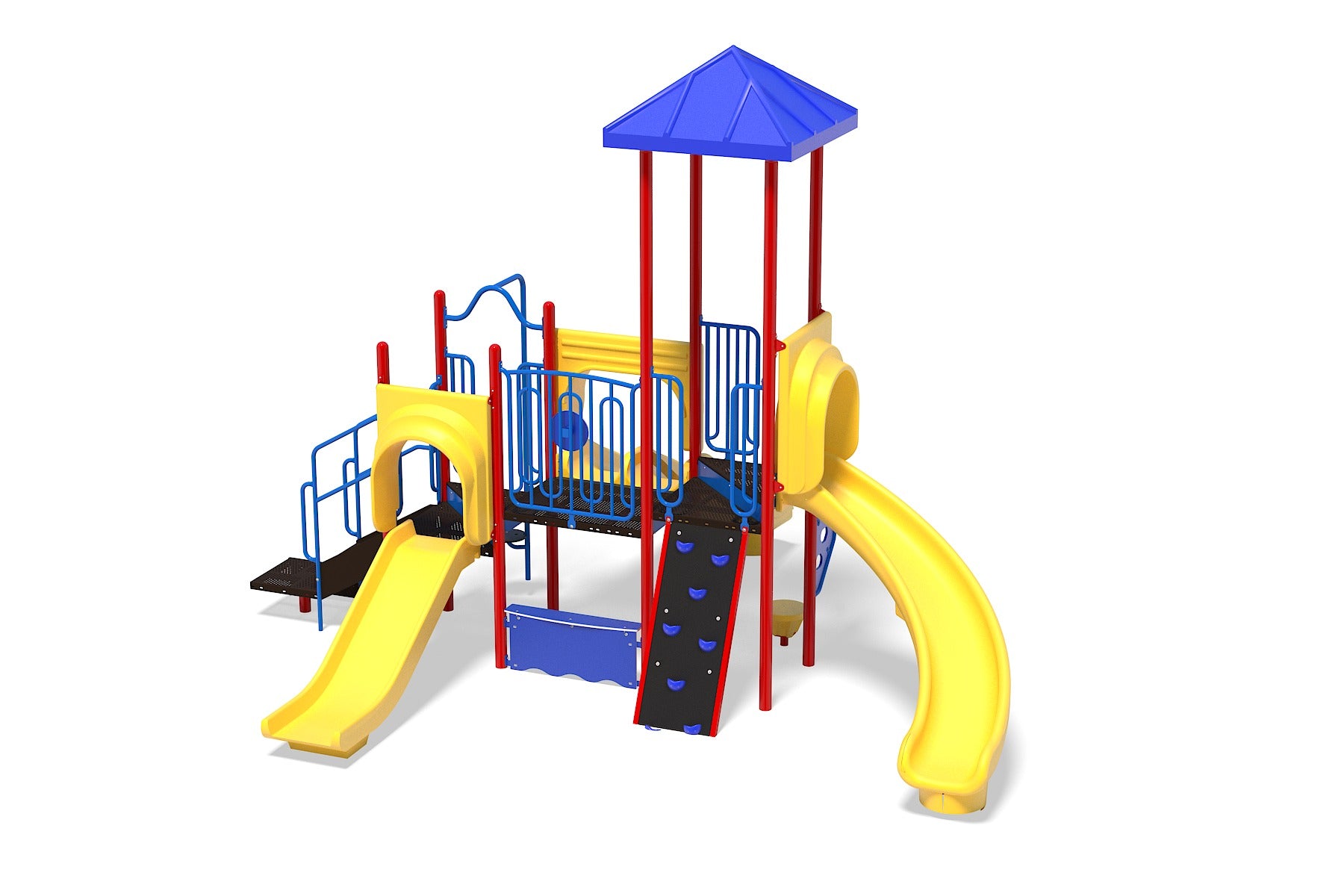 Playland Paradise Playground with yellow slides, blue climbing wall, red poles, and blue roof on white background
