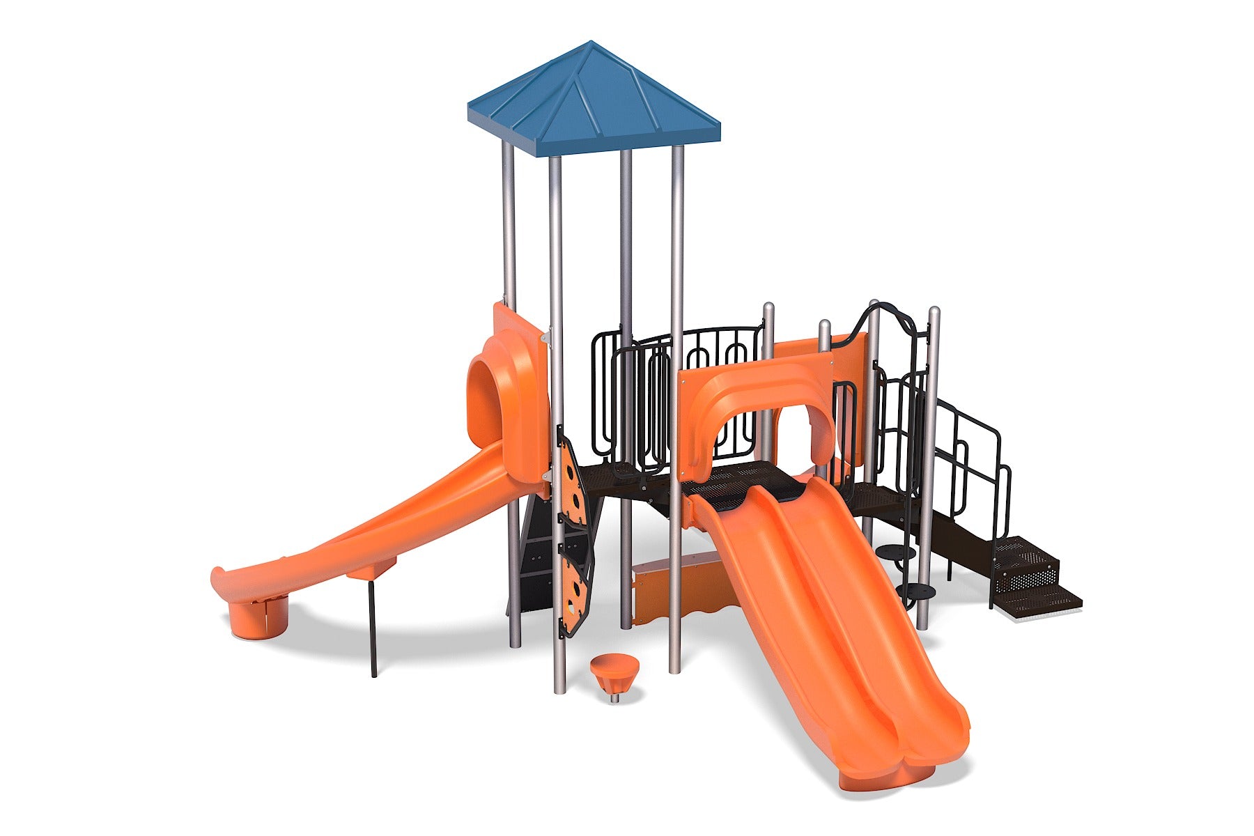Orange playground structure with double slide, curved slide, climbing panels, and blue roof canopy